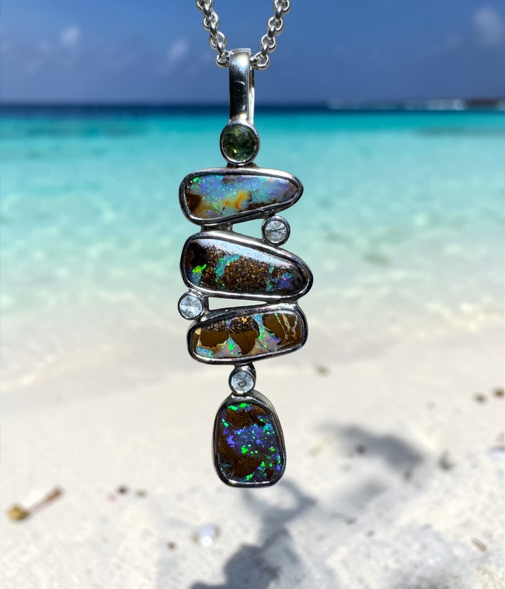 10ct Queensland Boulder Opal Pendant Necklace with 0.6ct Green Sapphire & 0.2ct White Sapphire ~ 'Daintree Dreamscape' | 925 Sterling Silver | Solid Australian Opal