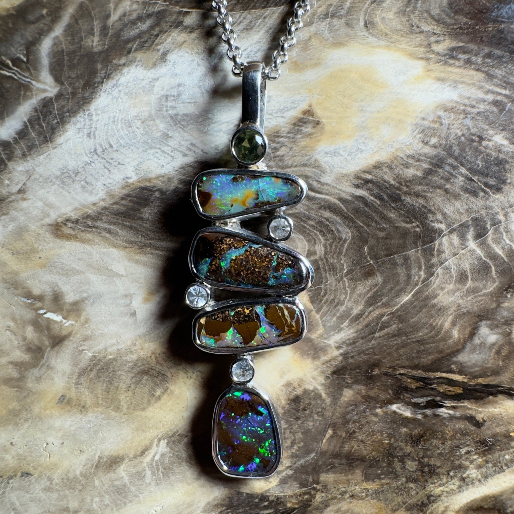 10ct Queensland Boulder Opal Pendant Necklace with 0.6ct Green Sapphire & 0.2ct White Sapphire ~ 'Daintree Dreamscape' | 925 Sterling Silver | Solid Australian Opal