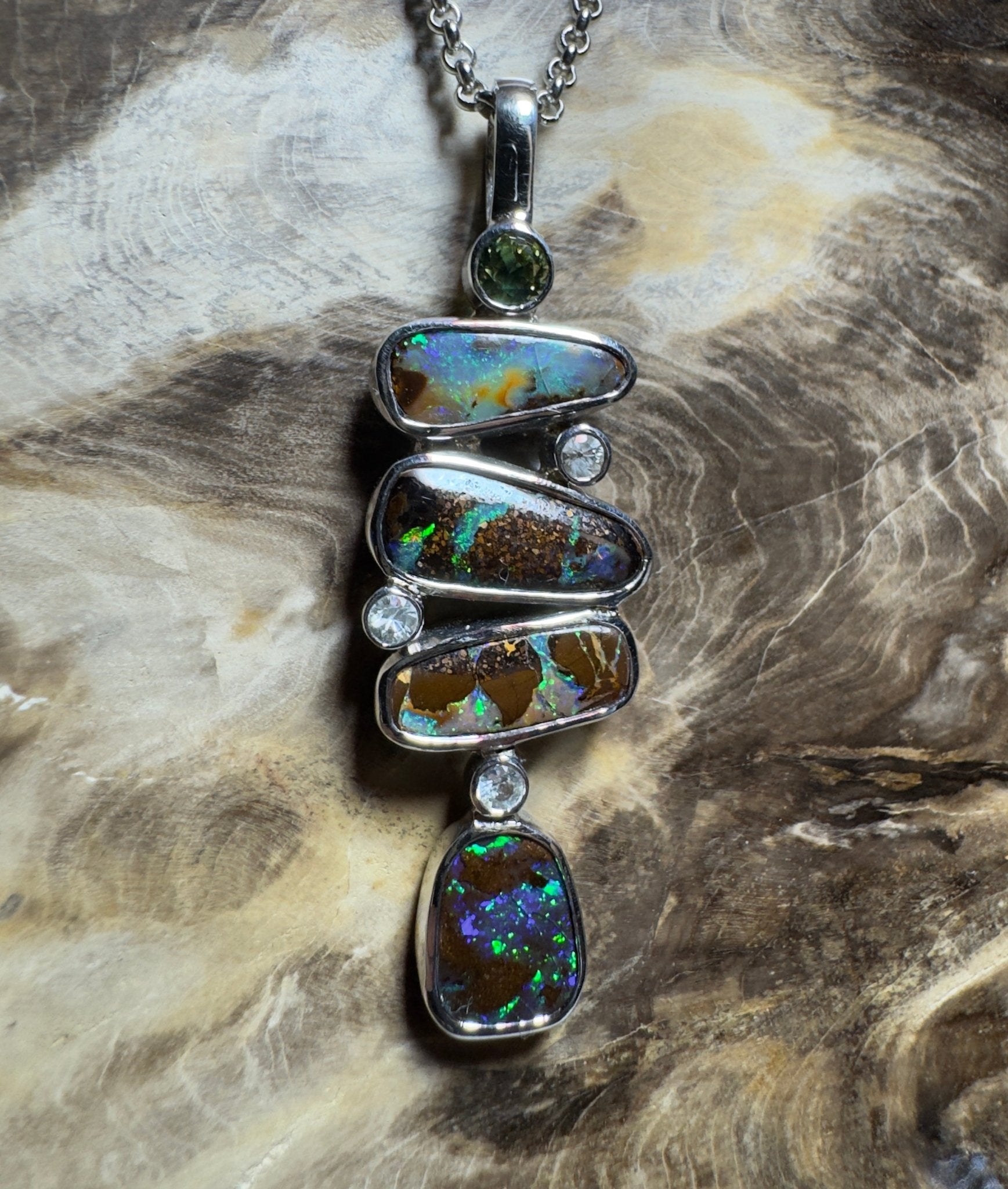 10ct Queensland Boulder Opal Pendant Necklace with 0.6ct Green Sapphire & 0.2ct White Sapphire ~ 'Daintree Dreamscape' | 925 Sterling Silver | Solid Australian Opal