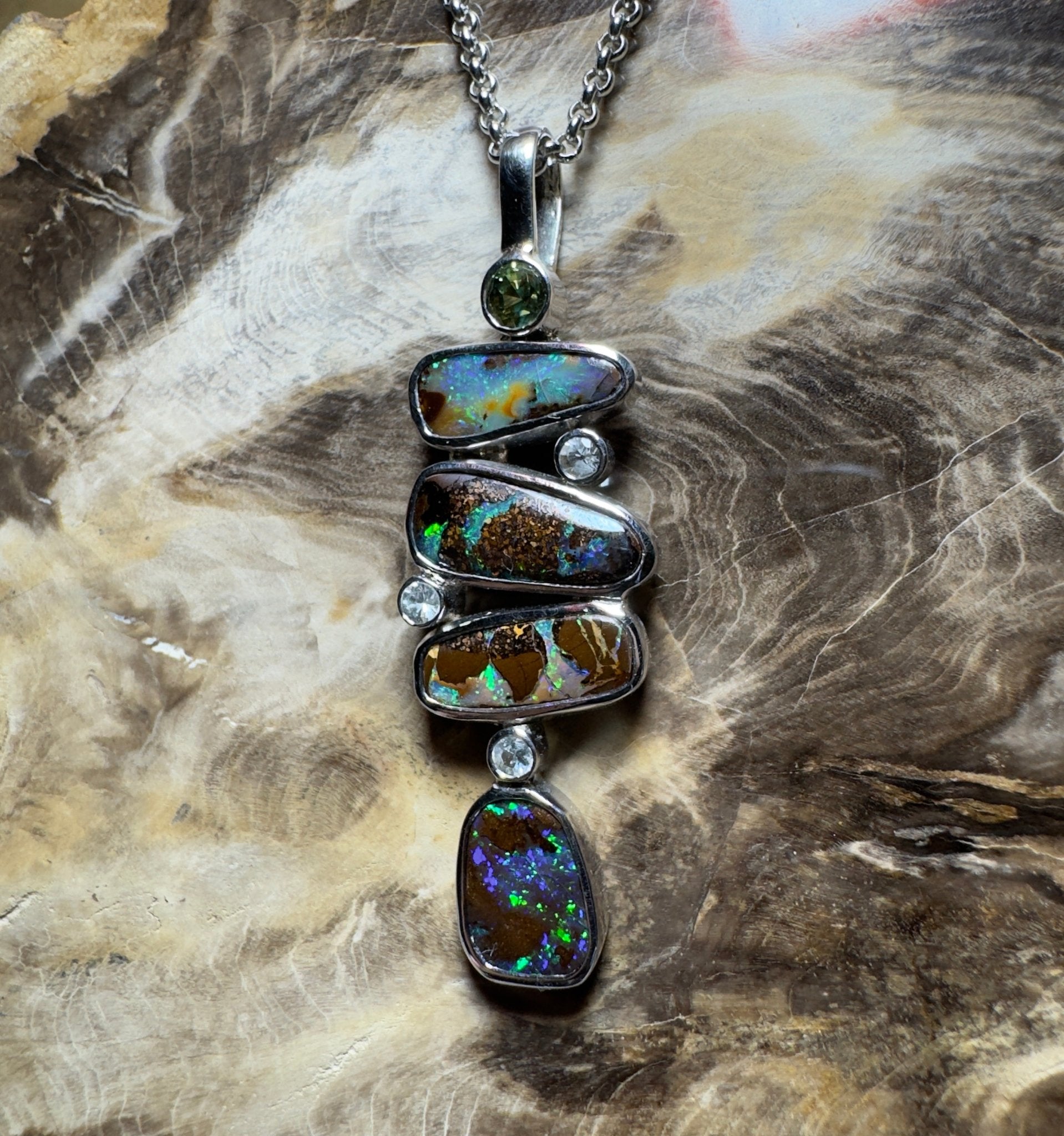 10ct Queensland Boulder Opal Pendant Necklace with 0.6ct Green Sapphire & 0.2ct White Sapphire ~ 'Daintree Dreamscape' | 925 Sterling Silver | Solid Australian Opal