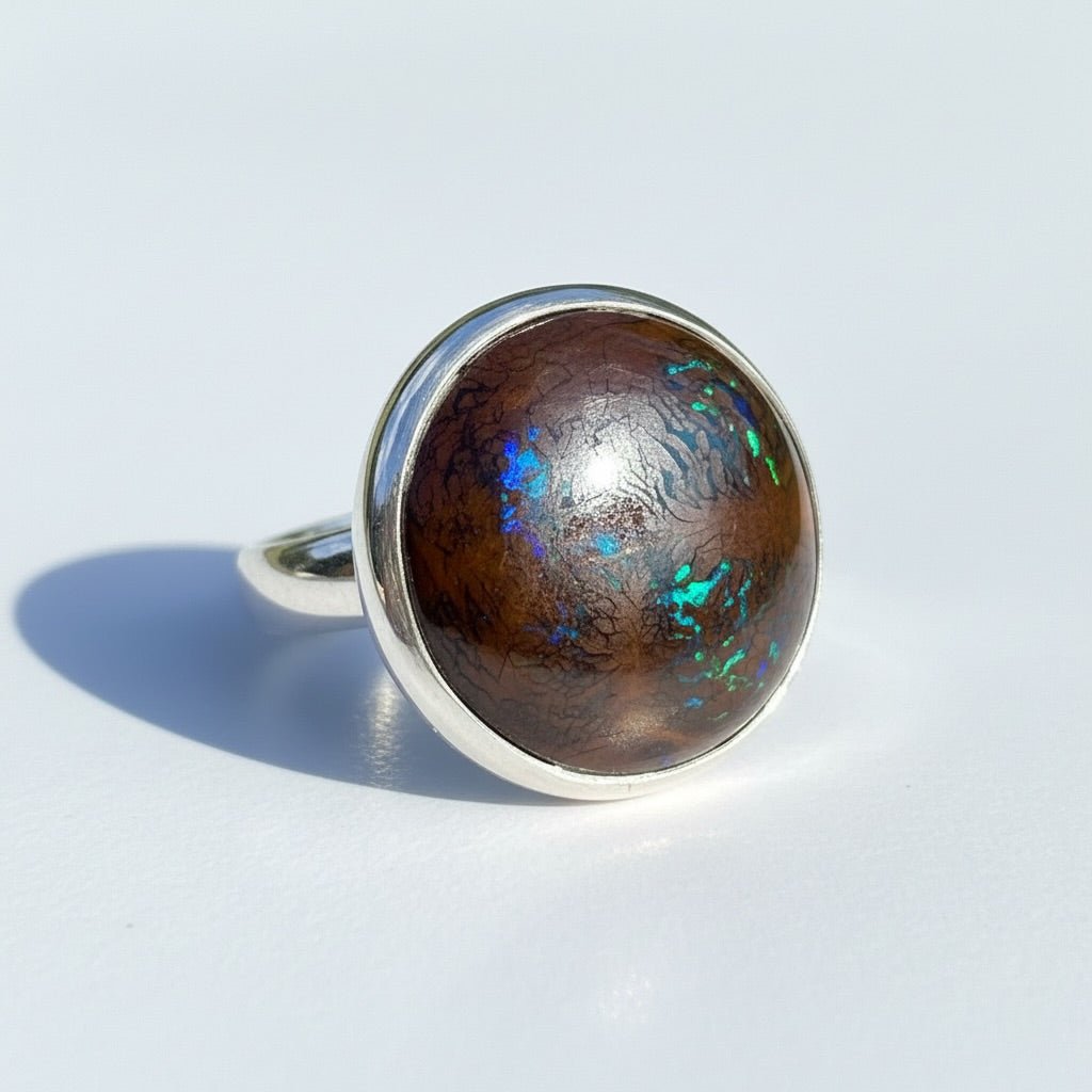 11.1ct Solid Queensland Boulder Opal Ring 'Whitsunday Tidefire' | 925 Sterling Silver | Solid Australian Opal