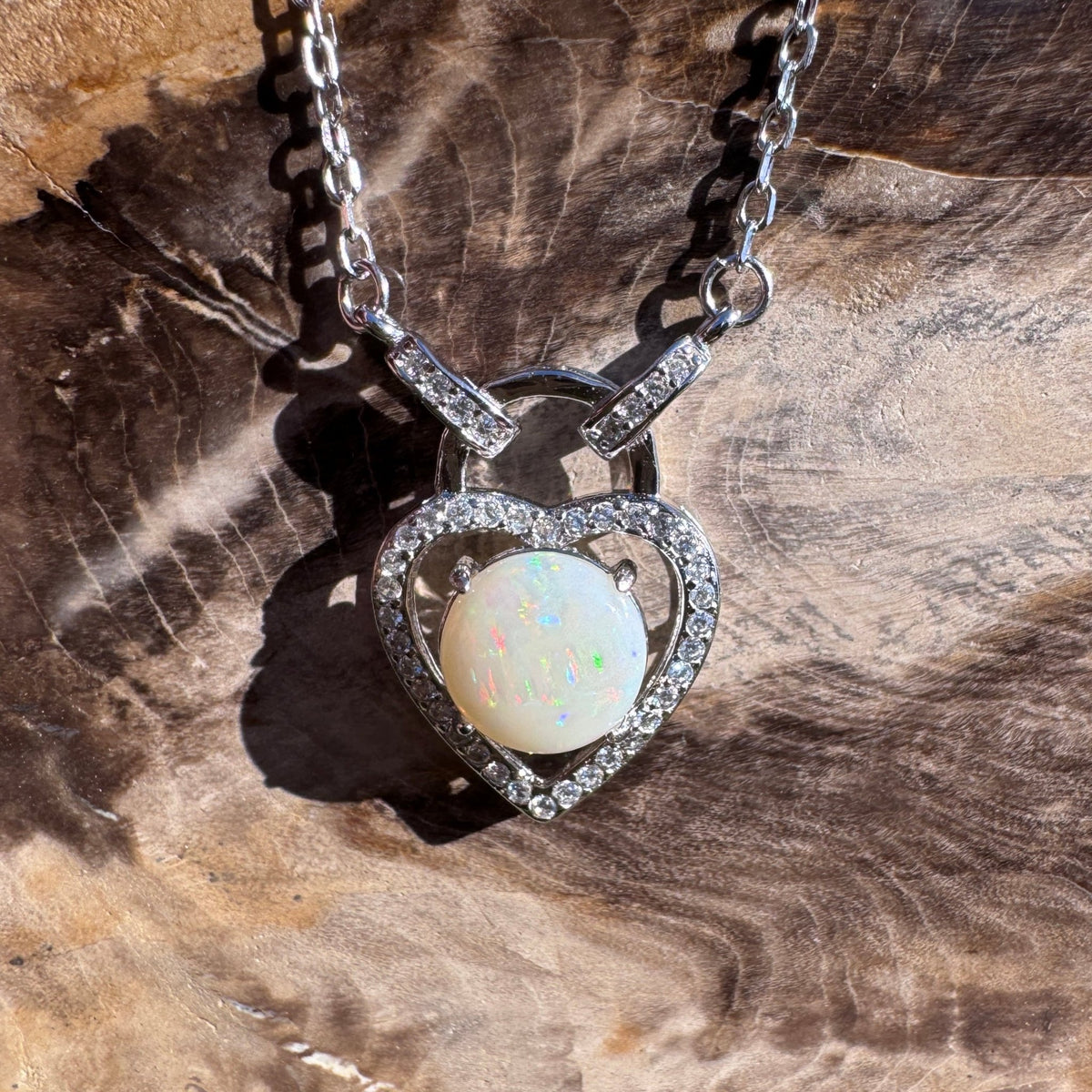 1.1ct Coober Pedy Opal & Cubic Zirconia Pendant Necklace ~ 'Lake Cave Glow' | 925 Sterling Silver | Solid Australian Opal