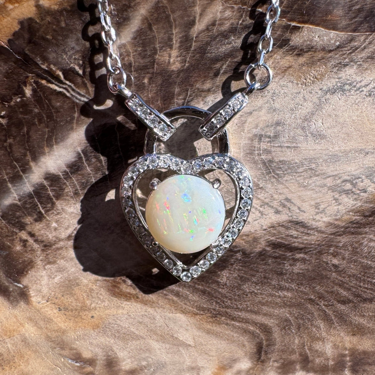 1.1ct Coober Pedy Opal & Cubic Zirconia Pendant Necklace ~ 'Lake Cave Glow' | 925 Sterling Silver | Solid Australian Opal