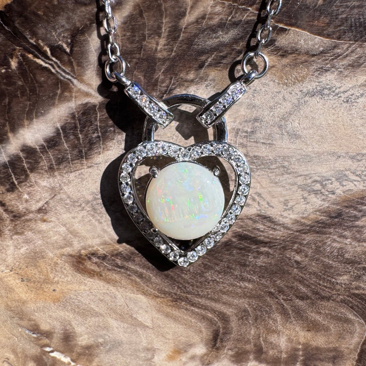 1.1ct Coober Pedy Opal & Cubic Zirconia Pendant Necklace ~ 'Lake Cave Glow' | 925 Sterling Silver | Solid Australian Opal