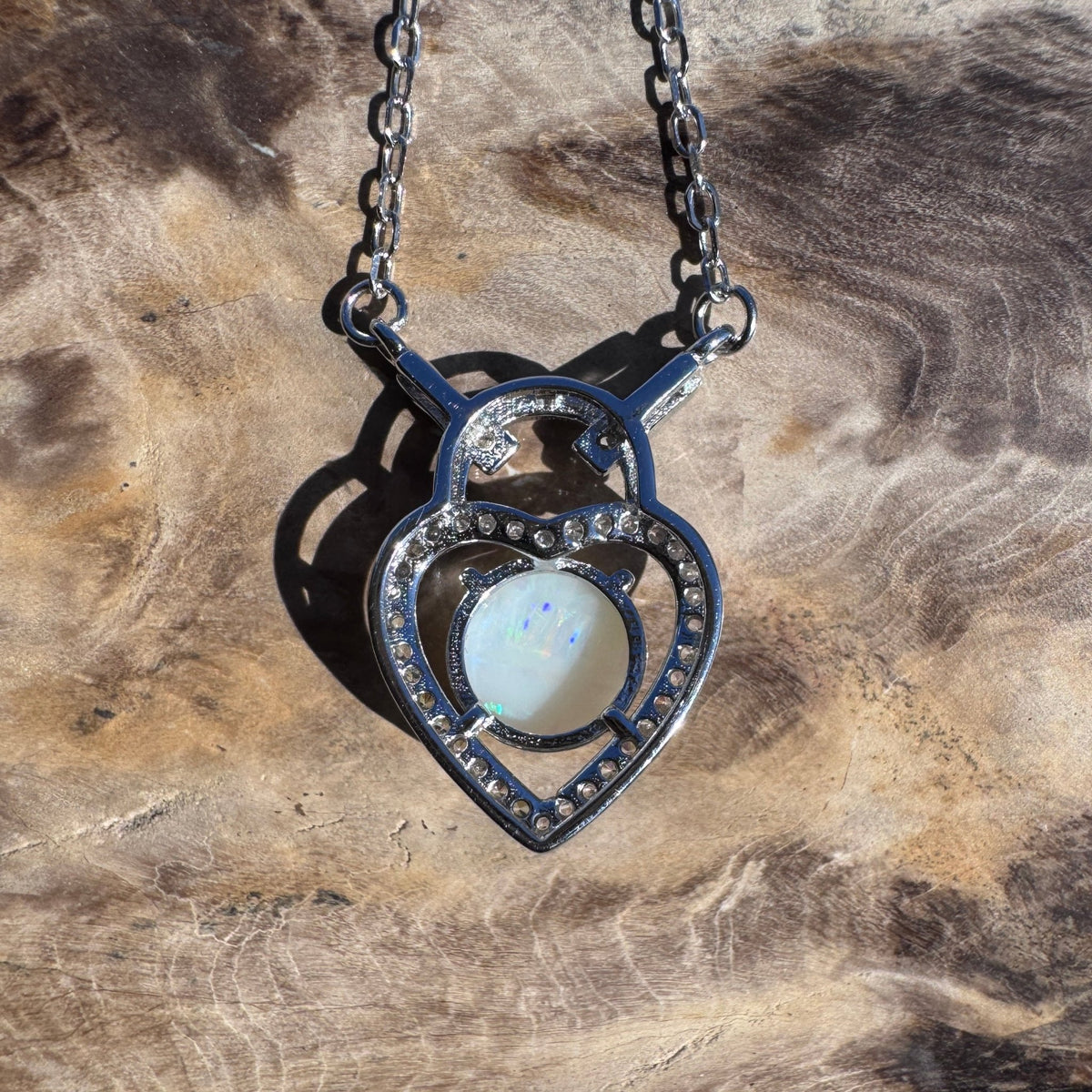 1.1ct Coober Pedy Opal & Cubic Zirconia Pendant Necklace ~ 'Lake Cave Glow' | 925 Sterling Silver | Solid Australian Opal