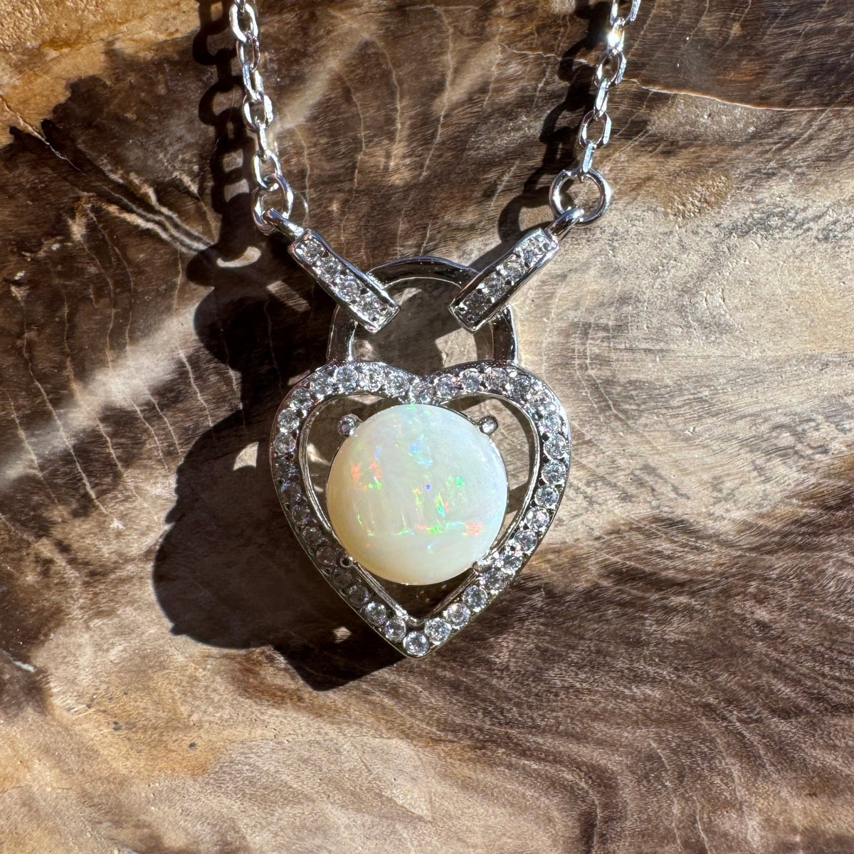 1.1ct Coober Pedy Opal & Cubic Zirconia Pendant Necklace ~ 'Lake Cave Glow' | 925 Sterling Silver | Solid Australian Opal