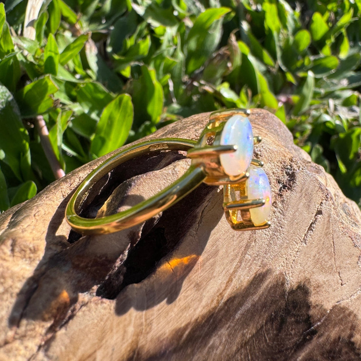 1.1ct Lightning Ridge Crystal Opal Ring ~ 'Mount Morgan Twin Gold' | Yellow Gold Coated 925 Sterling Silver | Solid Australian Opal
