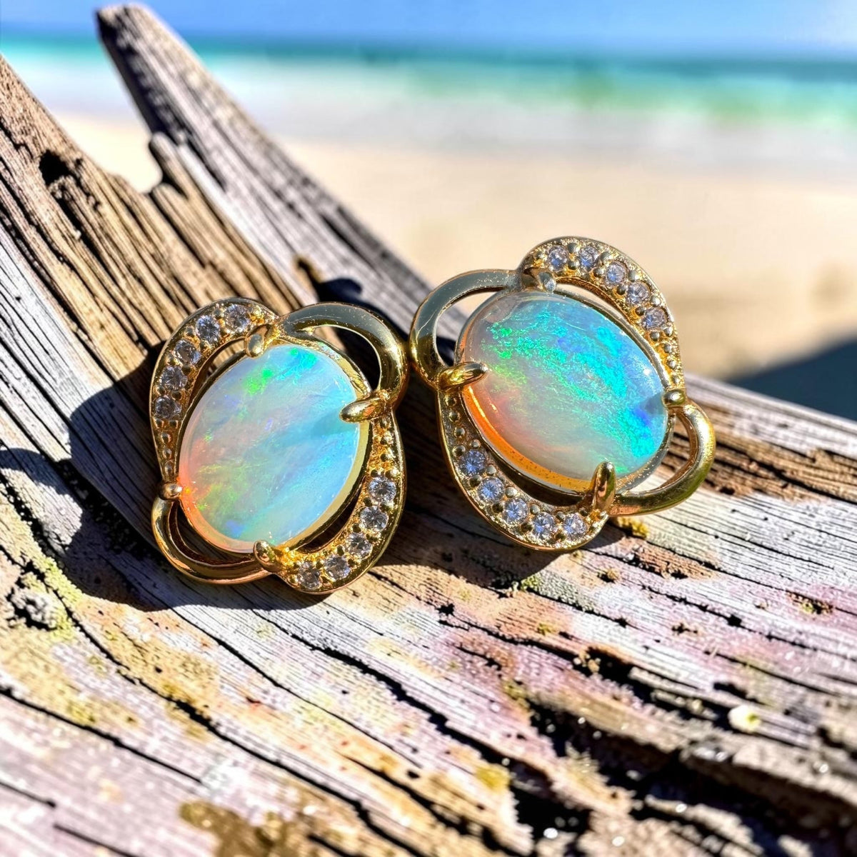 1.2ct Coober Pedy Crystal Opal & Cubic Zirconia Stud Earrings ~ 'Ravenswood Gold' | Yellow Gold Coated 925 Sterling Silver | Solid Australian Opal