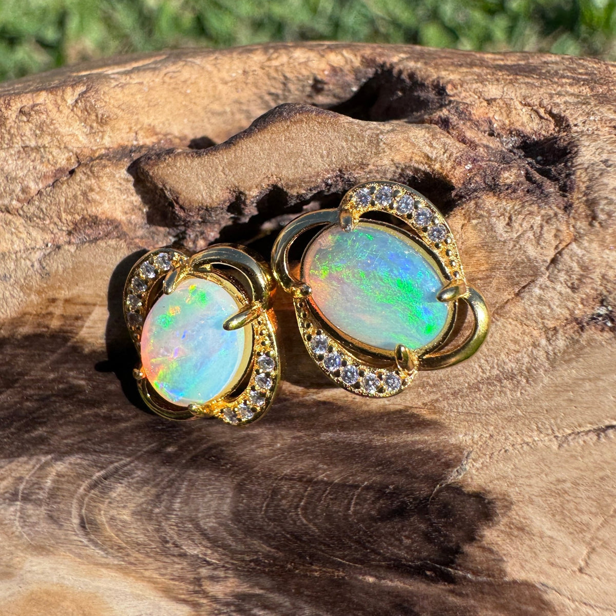 1.2ct Coober Pedy Crystal Opal & Cubic Zirconia Stud Earrings ~ 'Ravenswood Gold' | Yellow Gold Coated 925 Sterling Silver | Solid Australian Opal