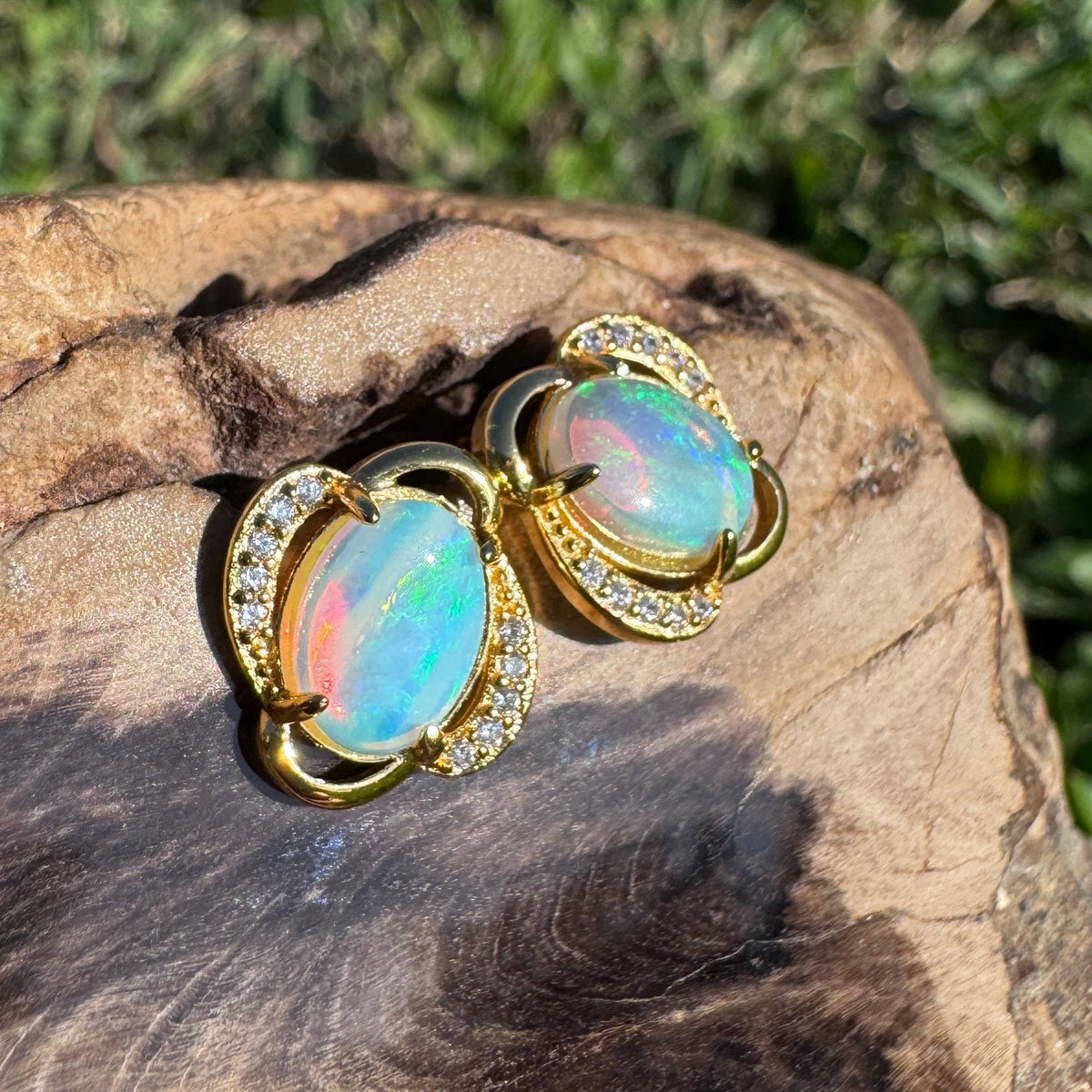 1.2ct Coober Pedy Crystal Opal & Cubic Zirconia Stud Earrings ~ 'Ravenswood Gold' | Yellow Gold Coated 925 Sterling Silver | Solid Australian Opal