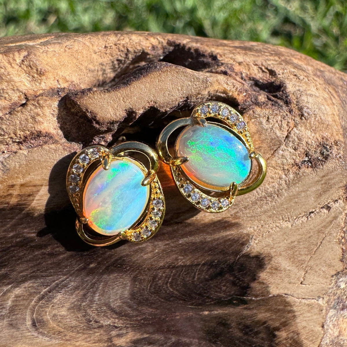 1.2ct Coober Pedy Crystal Opal & Cubic Zirconia Stud Earrings ~ 'Ravenswood Gold' | Yellow Gold Coated 925 Sterling Silver | Solid Australian Opal