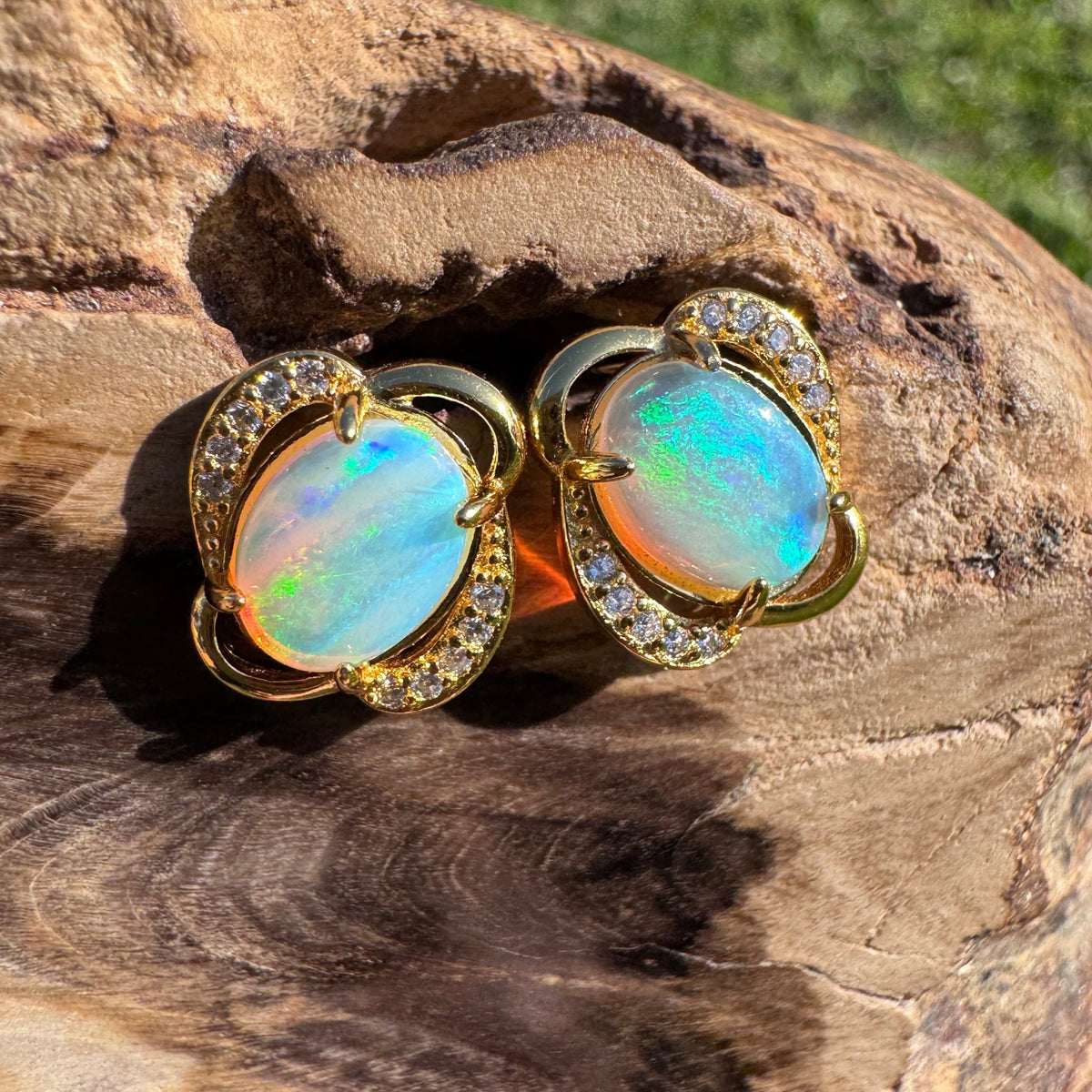 1.2ct Coober Pedy Crystal Opal & Cubic Zirconia Stud Earrings ~ 'Ravenswood Gold' | Yellow Gold Coated 925 Sterling Silver | Solid Australian Opal