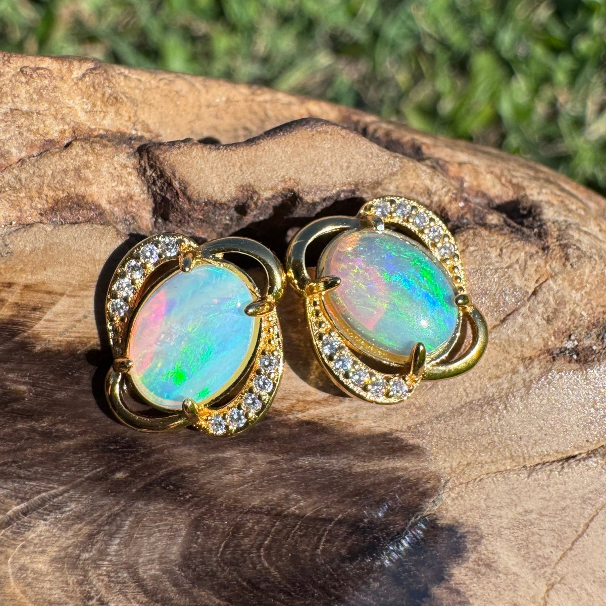 1.2ct Coober Pedy Crystal Opal & Cubic Zirconia Stud Earrings ~ 'Ravenswood Gold' | Yellow Gold Coated 925 Sterling Silver | Solid Australian Opal
