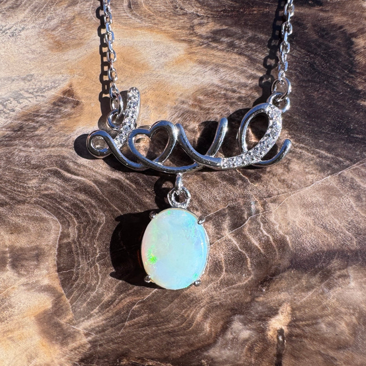 1.2ct Lightning Ridge Crystal Opal & Cubic Zirconia Pendant Necklace ~ 'Lake St Clair Love' | 925 Sterling Silver | Solid Australian Opal