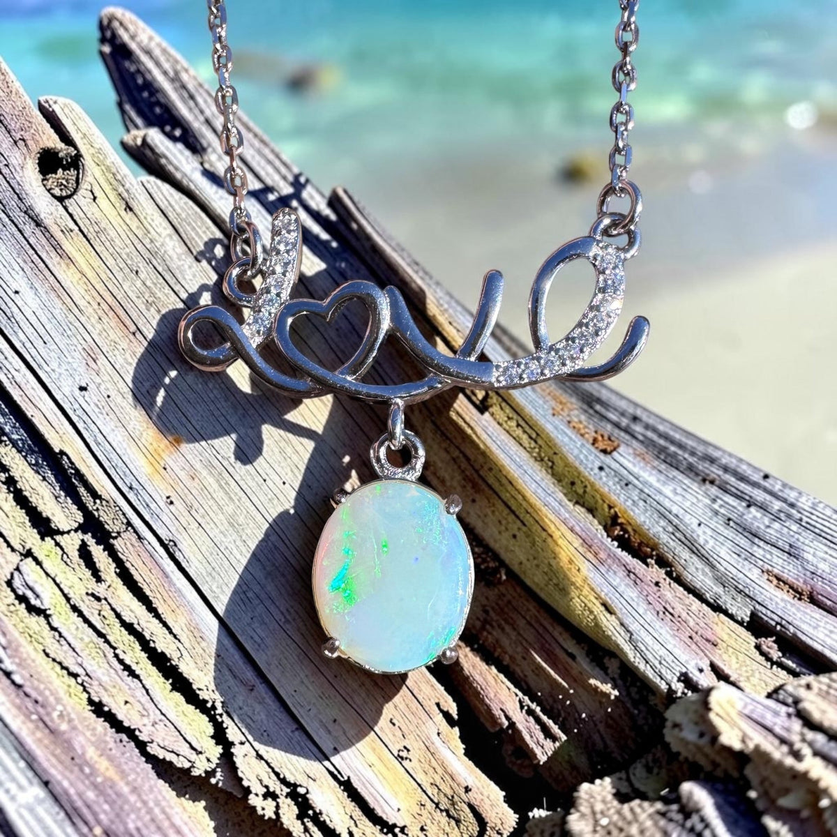 1.2ct Lightning Ridge Crystal Opal & Cubic Zirconia Pendant Necklace ~ 'Lake St Clair Love' | 925 Sterling Silver | Solid Australian Opal