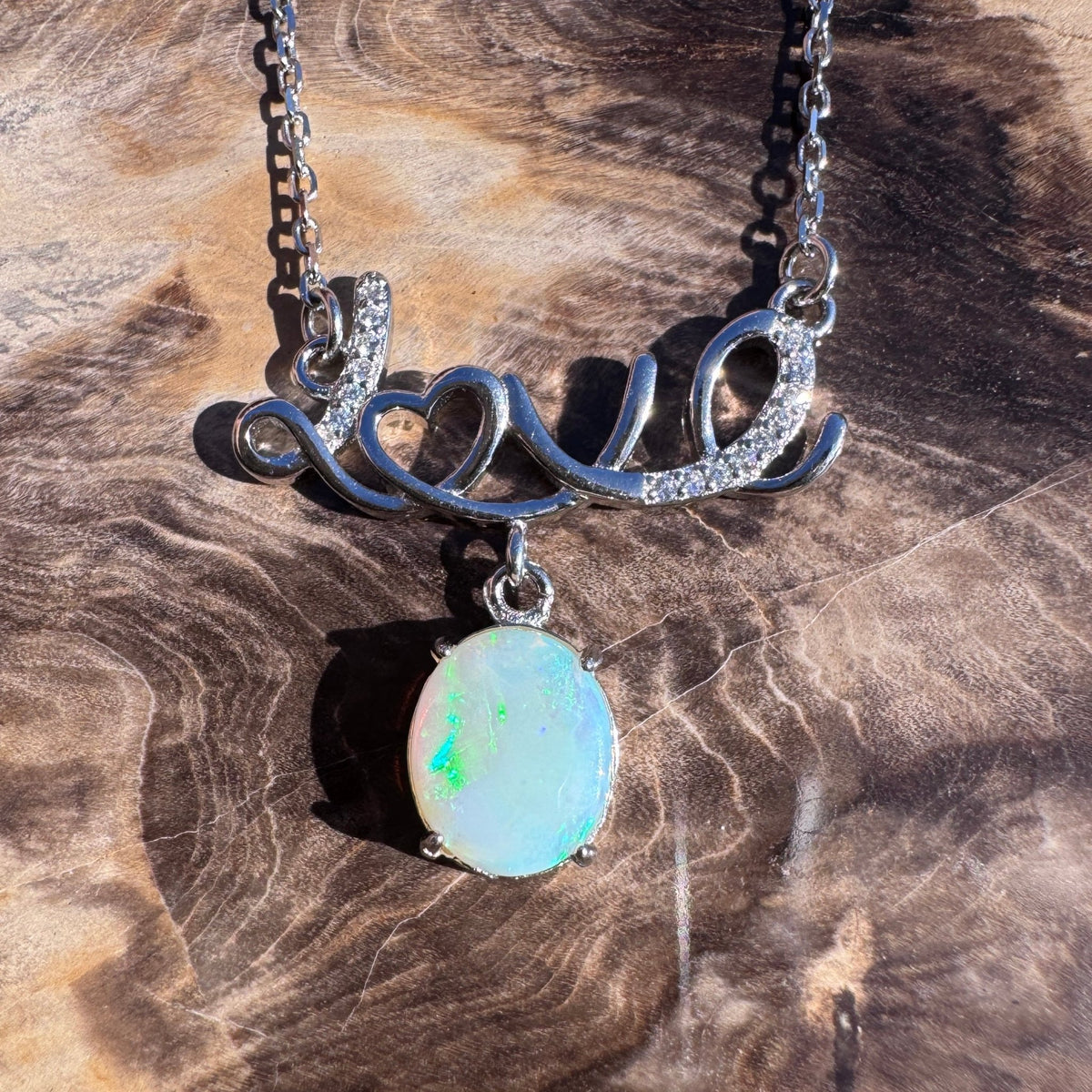 1.2ct Lightning Ridge Crystal Opal & Cubic Zirconia Pendant Necklace ~ 'Lake St Clair Love' | 925 Sterling Silver | Solid Australian Opal