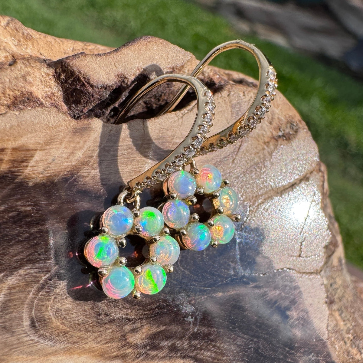 1.2ct Lightning Ridge Opal & Diamond Flower Hook Earrings ~ 'Bright Blossom Gold' | 14ct Yellow Gold | Solid Australian Opal