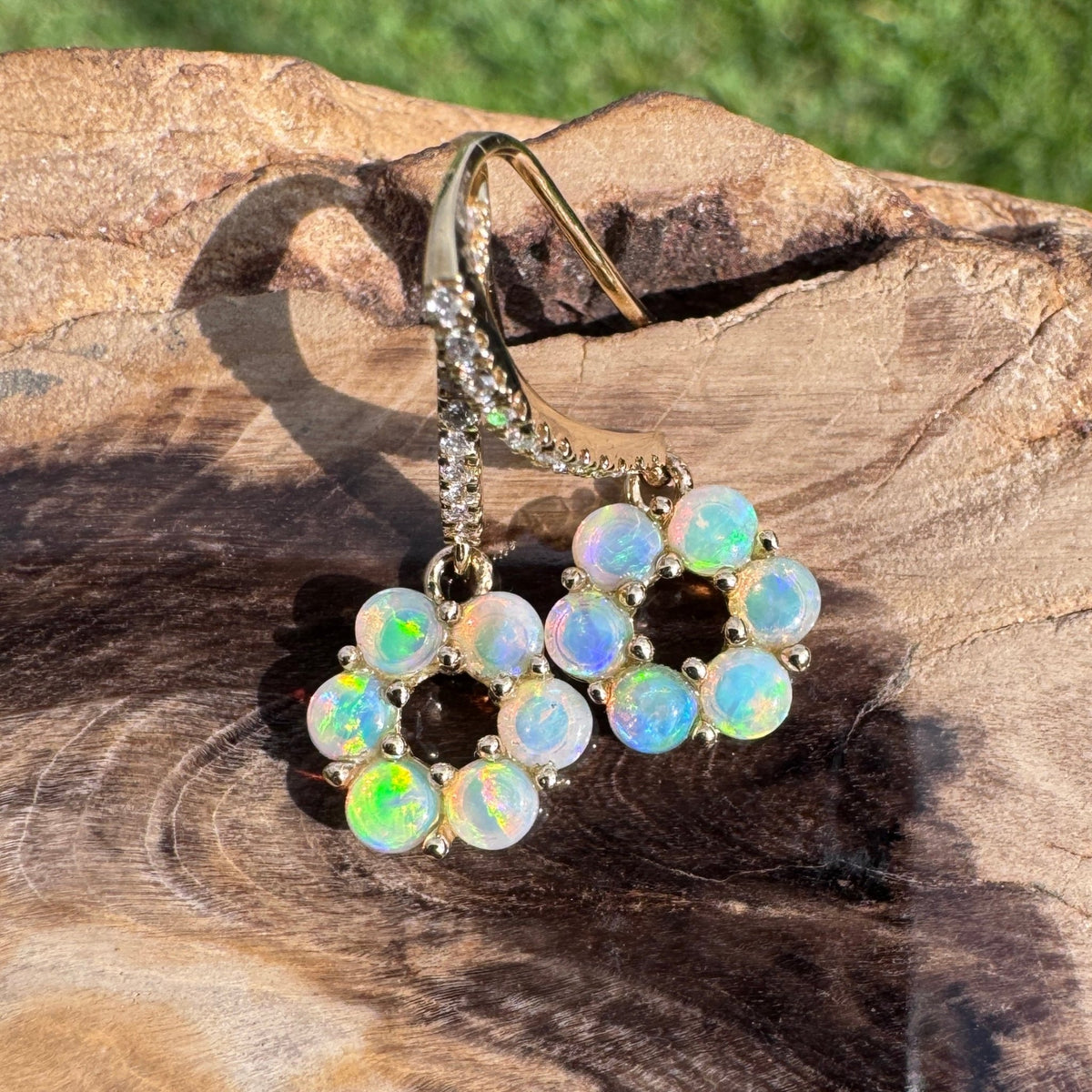 1.2ct Lightning Ridge Opal & Diamond Flower Hook Earrings ~ 'Bright Blossom Gold' | 14ct Yellow Gold | Solid Australian Opal