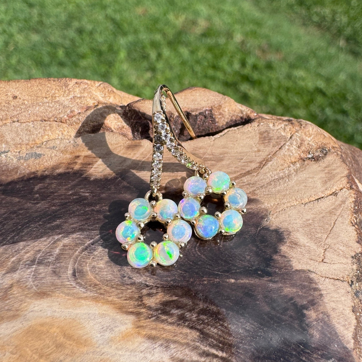 1.2ct Lightning Ridge Opal & Diamond Flower Hook Earrings ~ 'Bright Blossom Gold' | 14ct Yellow Gold | Solid Australian Opal