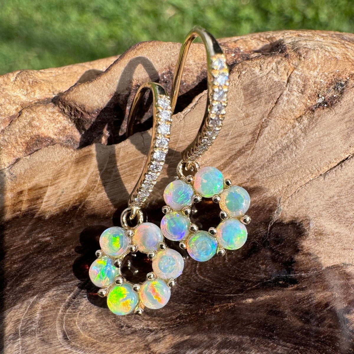 1.2ct Lightning Ridge Opal & Diamond Flower Hook Earrings ~ 'Bright Blossom Gold' | 14ct Yellow Gold | Solid Australian Opal
