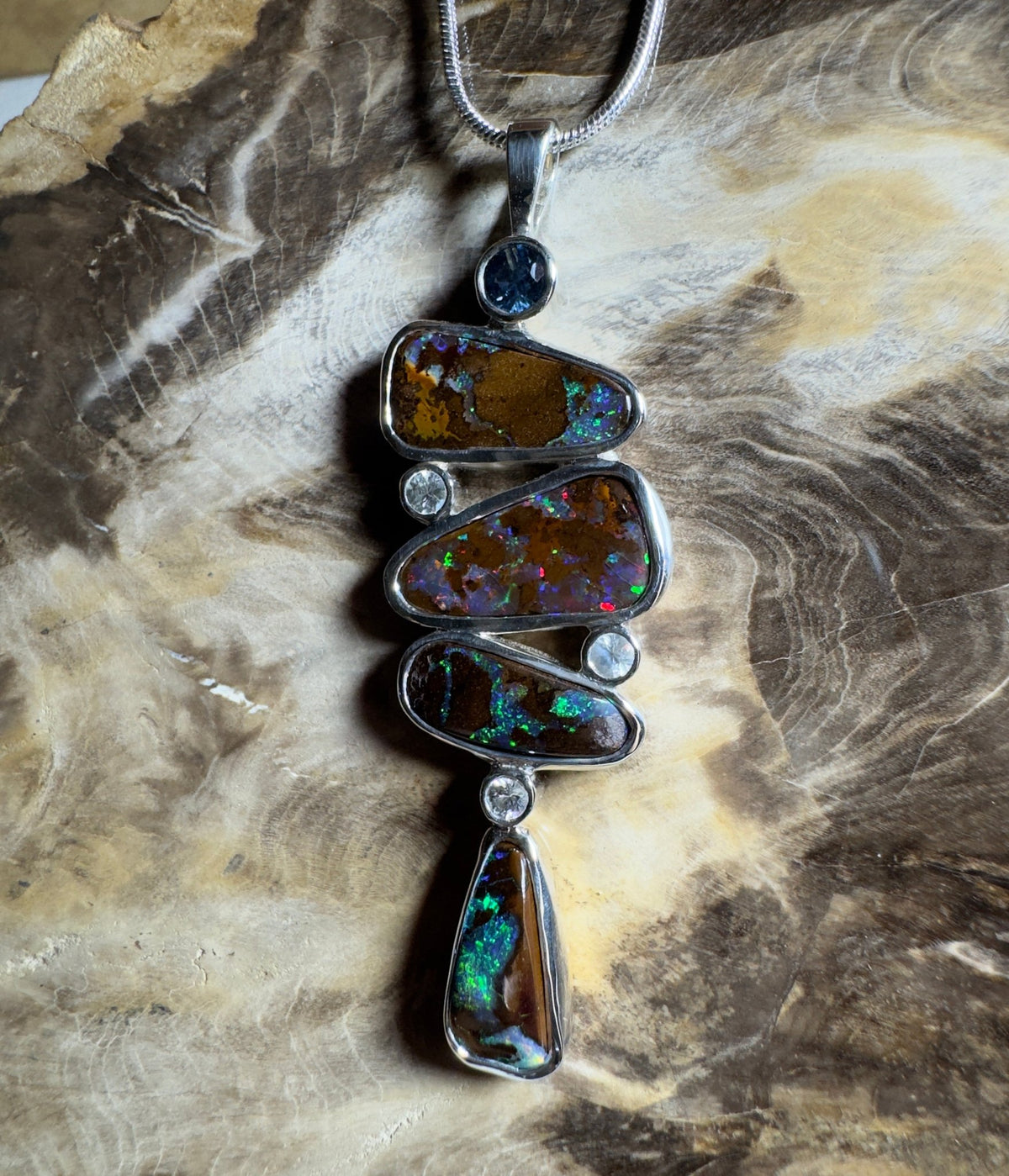12ct Queensland Boulder Opal Pendant Necklace with 0.6ct & 0.2ct Queensland Sapphire ~ 'Great Barrier Reef Grandeur' | 925 Sterling Silver | Solid Australian Opal