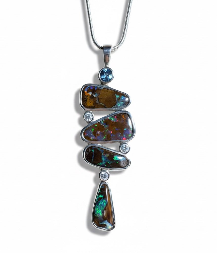 12ct Queensland Boulder Opal Pendant Necklace with 0.6ct & 0.2ct Queensland Sapphire ~ 'Great Barrier Reef Grandeur' | 925 Sterling Silver | Solid Australian Opal