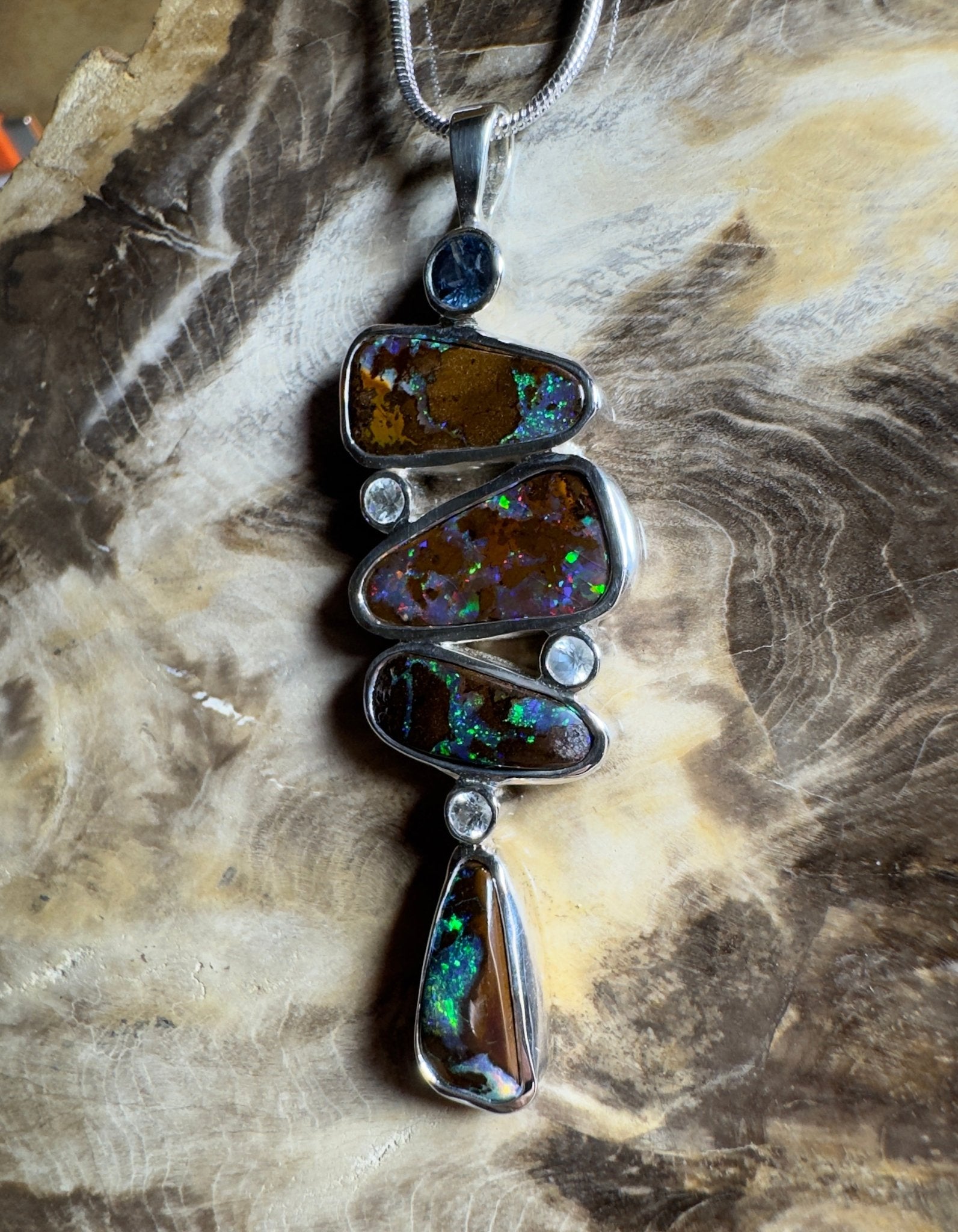 12ct Queensland Boulder Opal Pendant Necklace with 0.6ct & 0.2ct Queensland Sapphire ~ 'Great Barrier Reef Grandeur' | 925 Sterling Silver | Solid Australian Opal