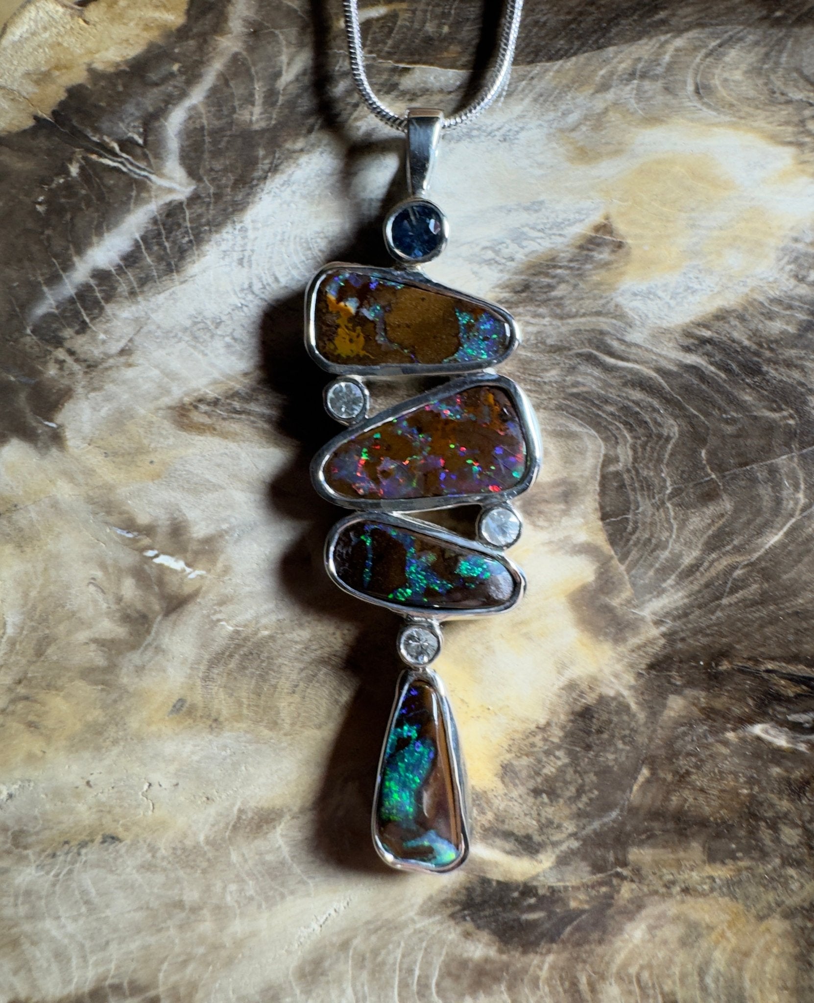 12ct Queensland Boulder Opal Pendant Necklace with 0.6ct & 0.2ct Queensland Sapphire ~ 'Great Barrier Reef Grandeur' | 925 Sterling Silver | Solid Australian Opal