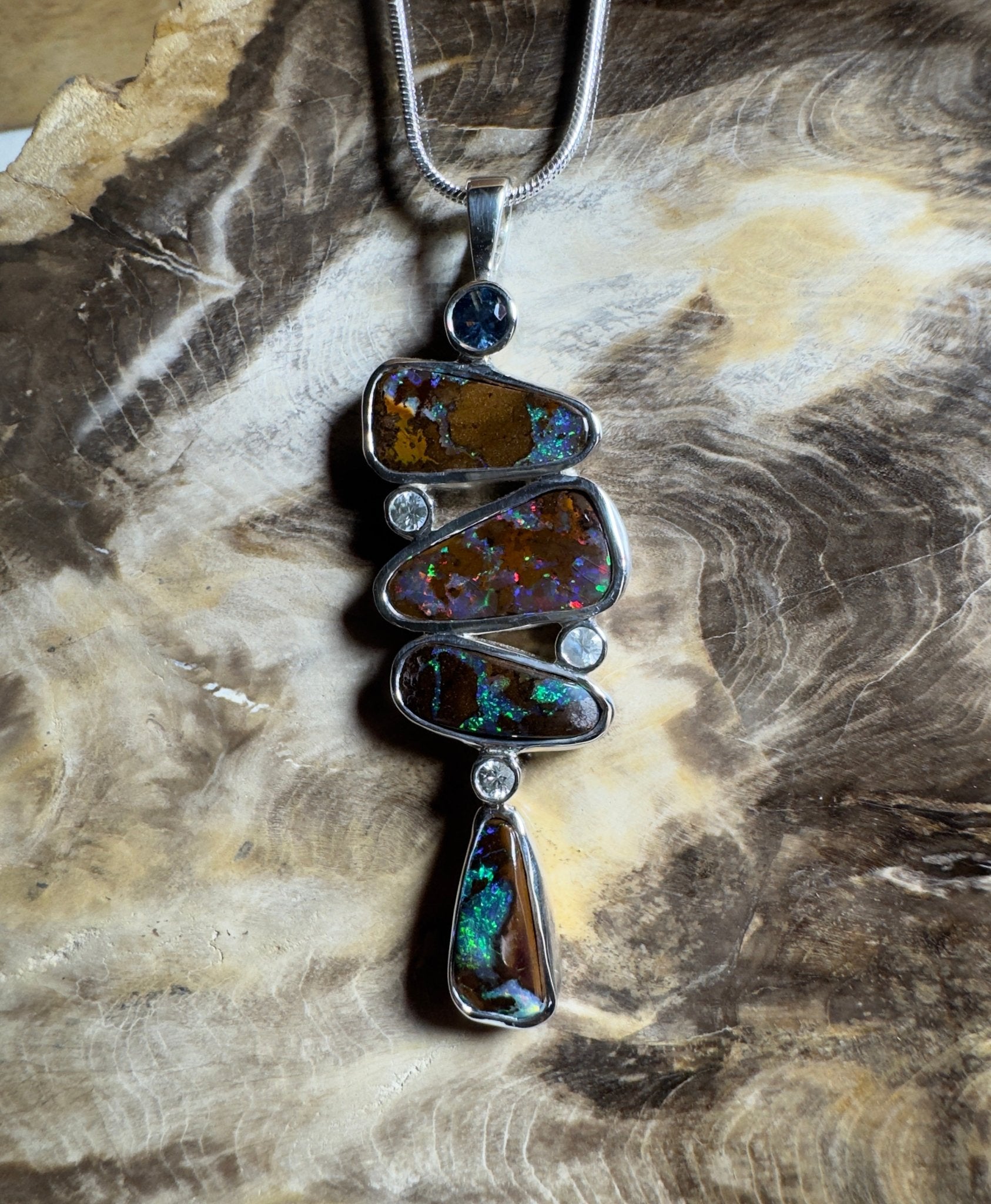 12ct Queensland Boulder Opal Pendant Necklace with 0.6ct & 0.2ct Queensland Sapphire ~ 'Great Barrier Reef Grandeur' | 925 Sterling Silver | Solid Australian Opal