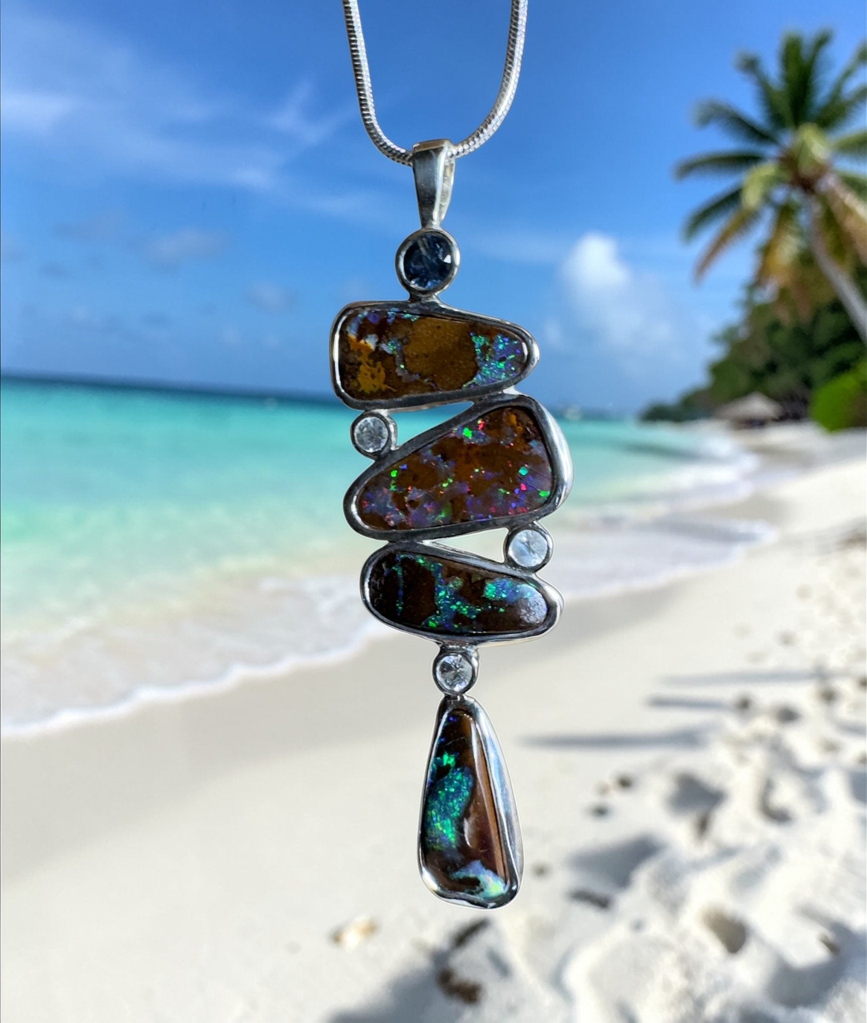 12ct Queensland Boulder Opal Pendant Necklace with 0.6ct & 0.2ct Queensland Sapphire ~ 'Great Barrier Reef Grandeur' | 925 Sterling Silver | Solid Australian Opal