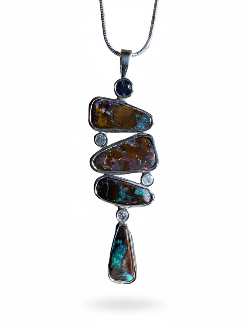 12ct Queensland Boulder Opal Pendant Necklace with 0.6ct & 0.2ct Queensland Sapphire ~ 'Great Barrier Reef Grandeur' | 925 Sterling Silver | Solid Australian Opal