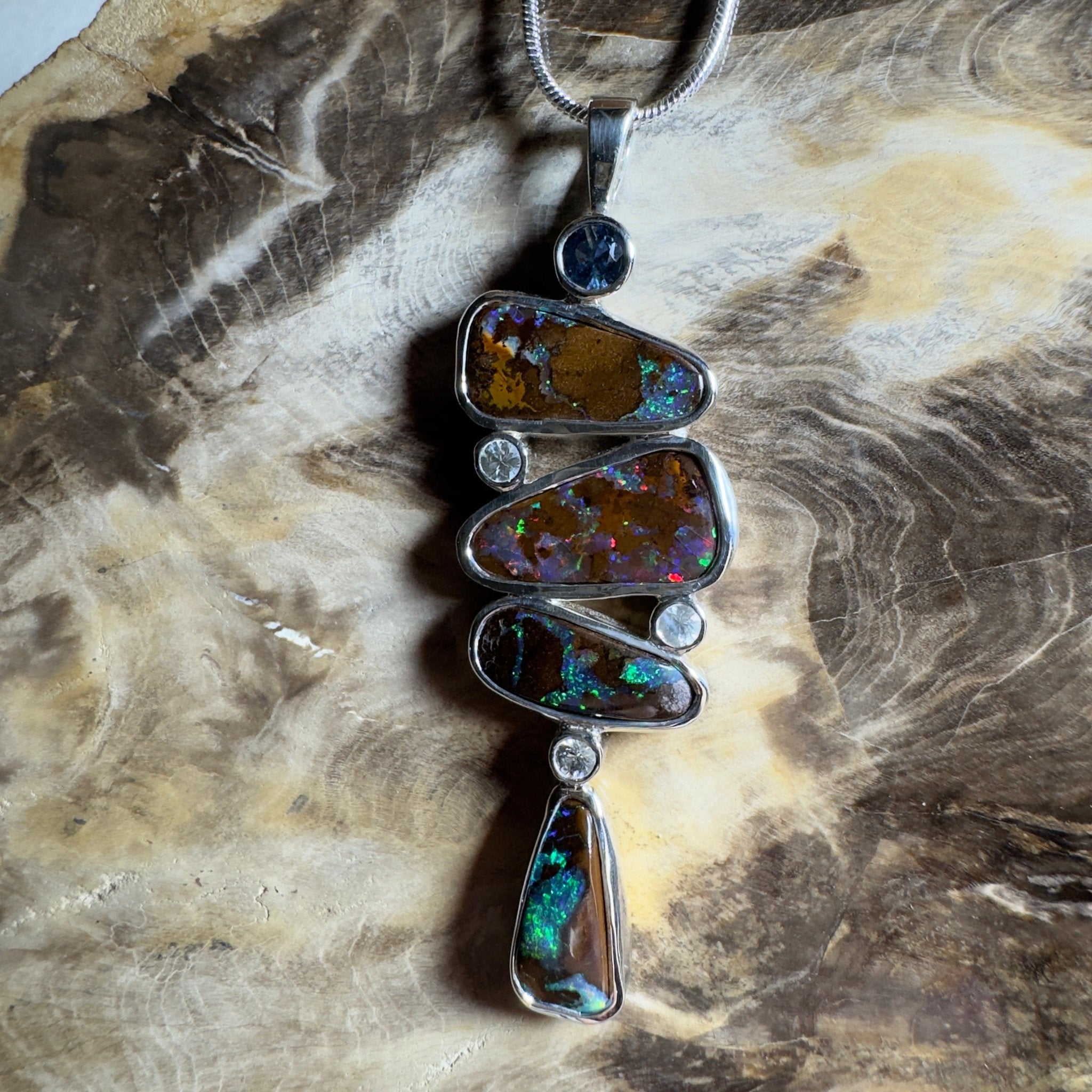 12ct Queensland Boulder Opal Pendant Necklace with 0.6ct & 0.2ct Queensland Sapphire ~ 'Great Barrier Reef Grandeur' | 925 Sterling Silver | Solid Australian Opal