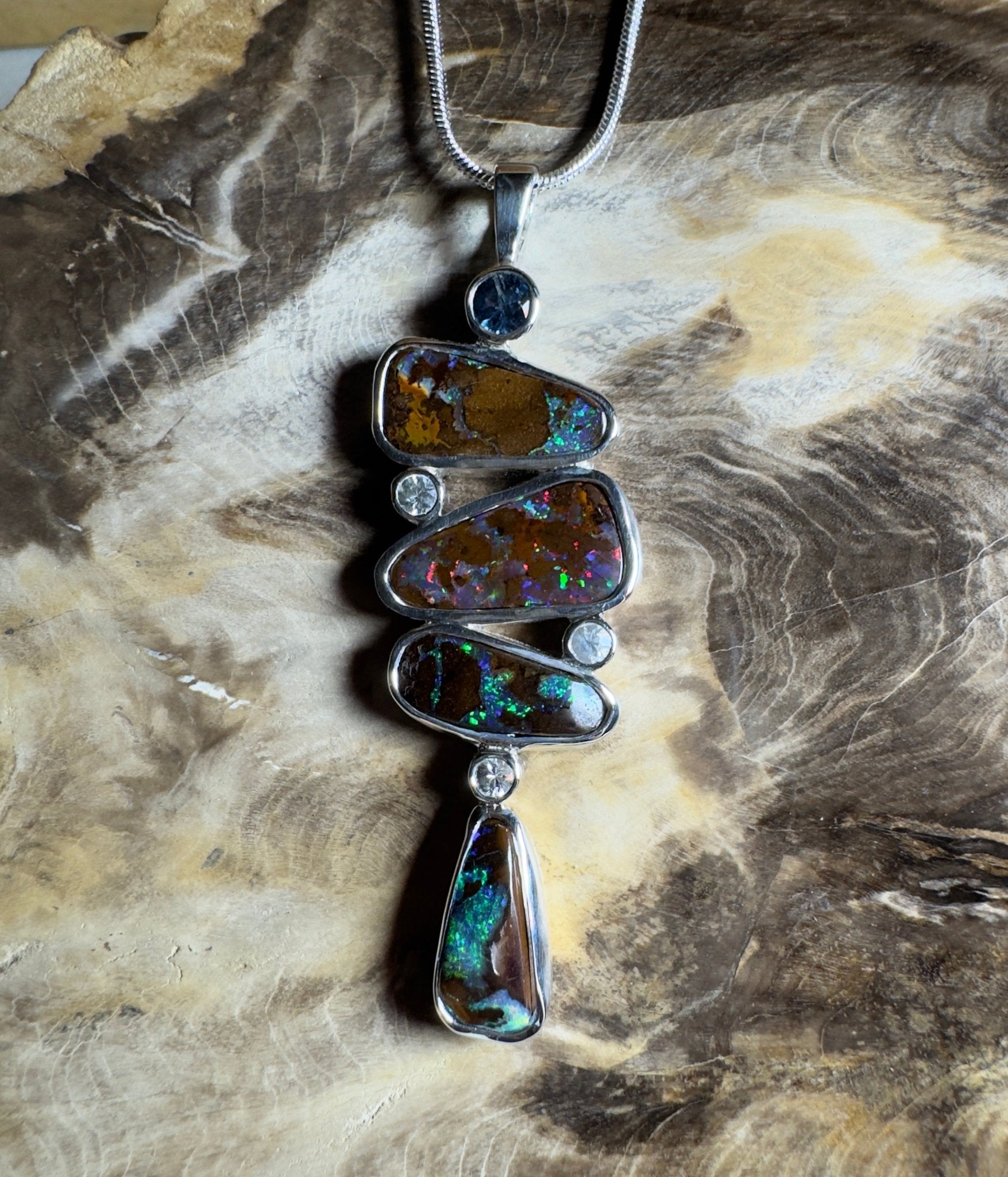 12ct Queensland Boulder Opal Pendant Necklace with 0.6ct & 0.2ct Queensland Sapphire ~ 'Great Barrier Reef Grandeur' | 925 Sterling Silver | Solid Australian Opal