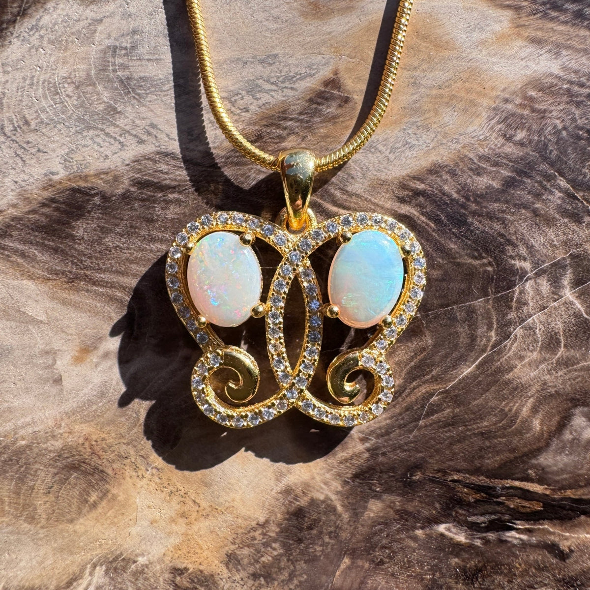 1.4ct Coober Pedy & Lightning Ridge Opal & Cubic Zirconia Butterfly Pendant Necklace ~ 'Butterfly Gorge Glow' | 925 Sterling Silver | Solid Australian Opal