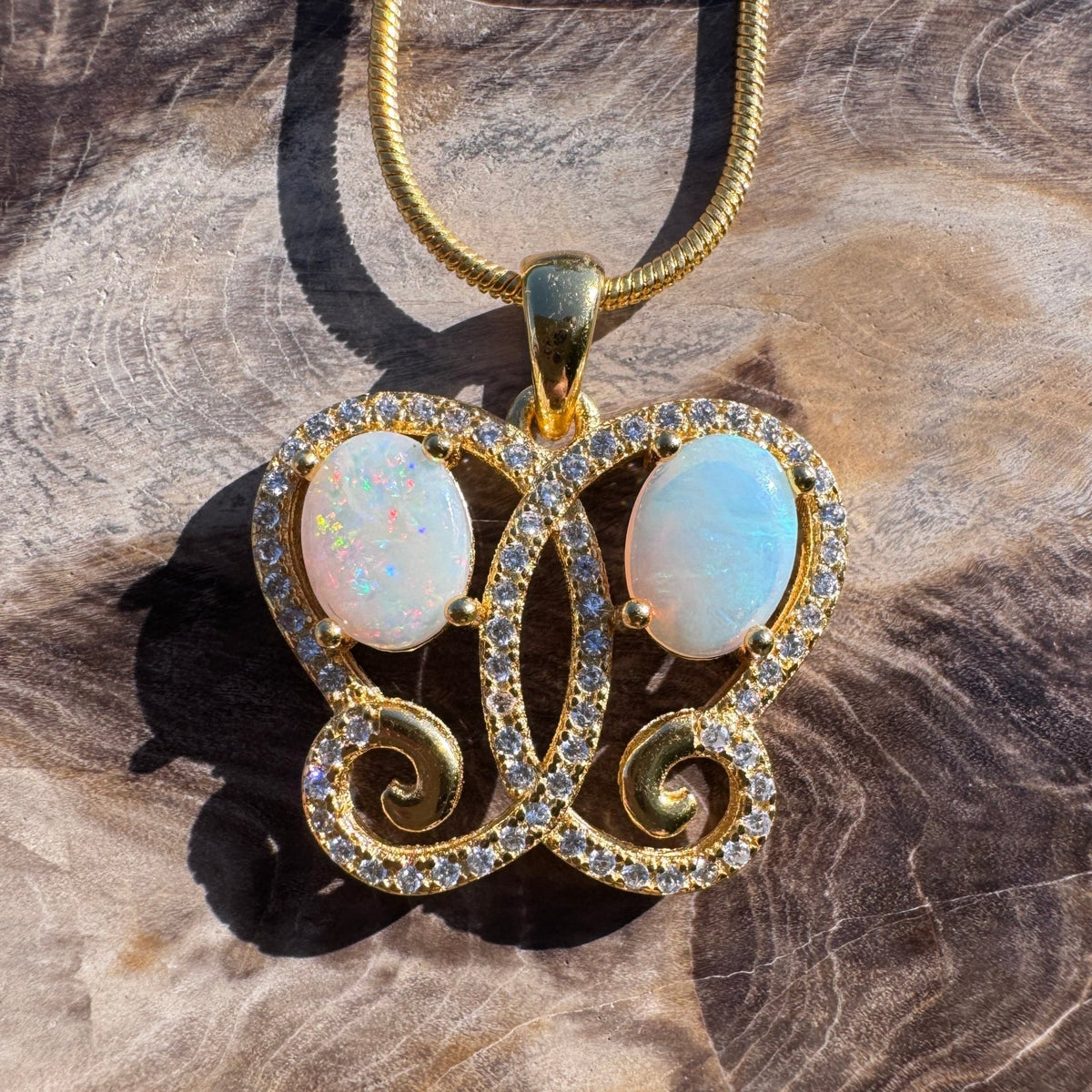 1.4ct Coober Pedy & Lightning Ridge Opal & Cubic Zirconia Butterfly Pendant Necklace ~ 'Butterfly Gorge Glow' | 925 Sterling Silver | Solid Australian Opal