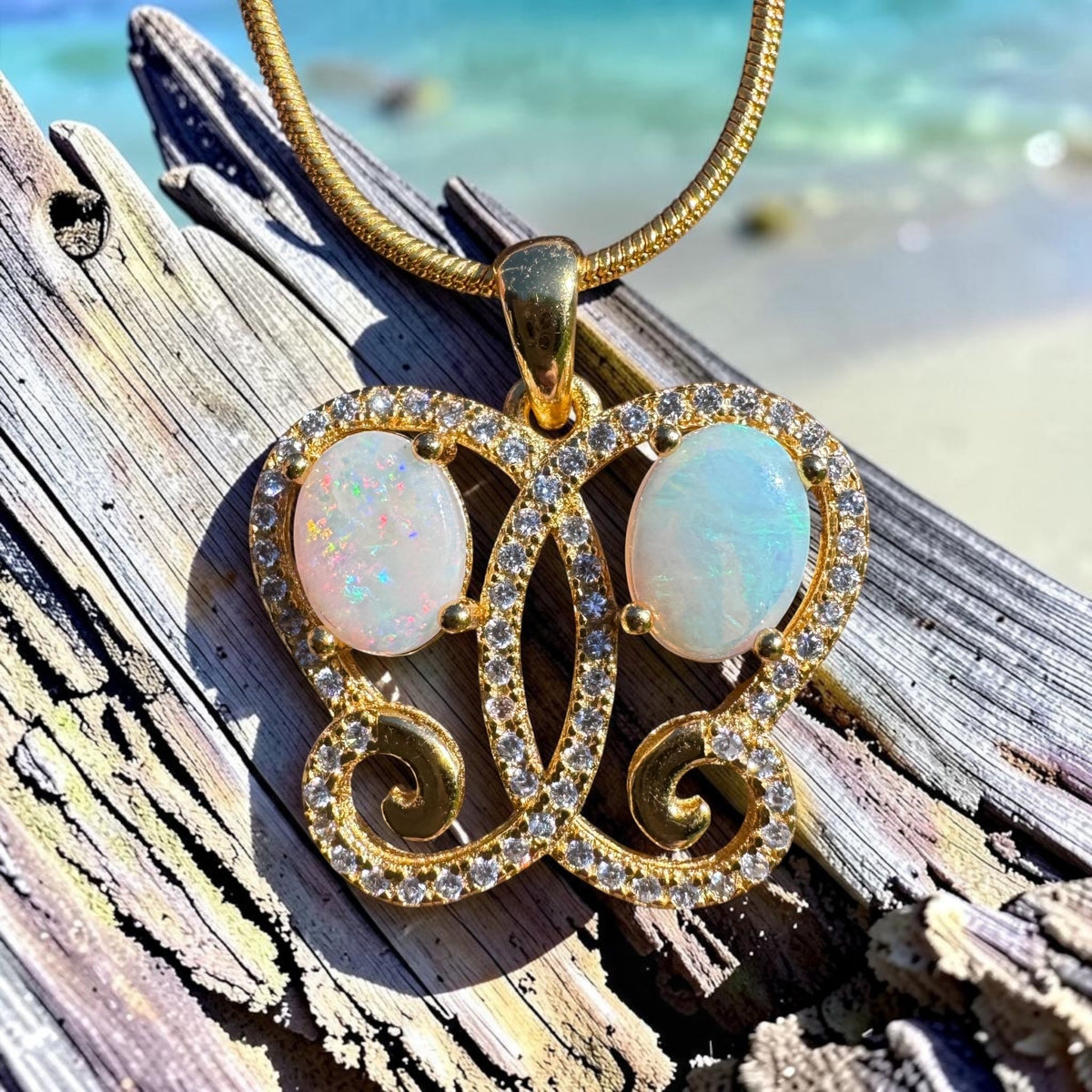 1.4ct Coober Pedy & Lightning Ridge Opal & Cubic Zirconia Butterfly Pendant Necklace ~ 'Butterfly Gorge Glow' | 925 Sterling Silver | Solid Australian Opal