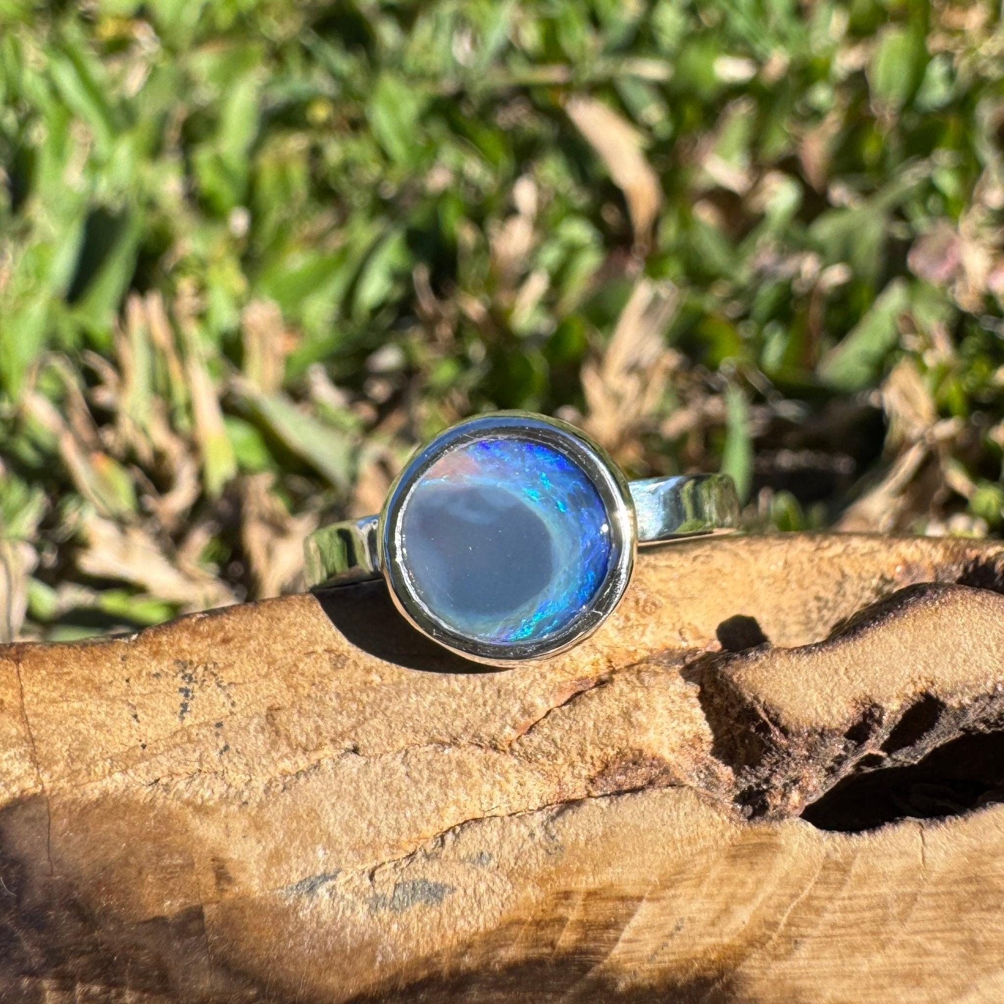 1.4ct Lightning Ridge Semi Black Opal Ring ~ 'Flinders Ranges Round' | 925 Sterling Silver | Solid Australian Opal