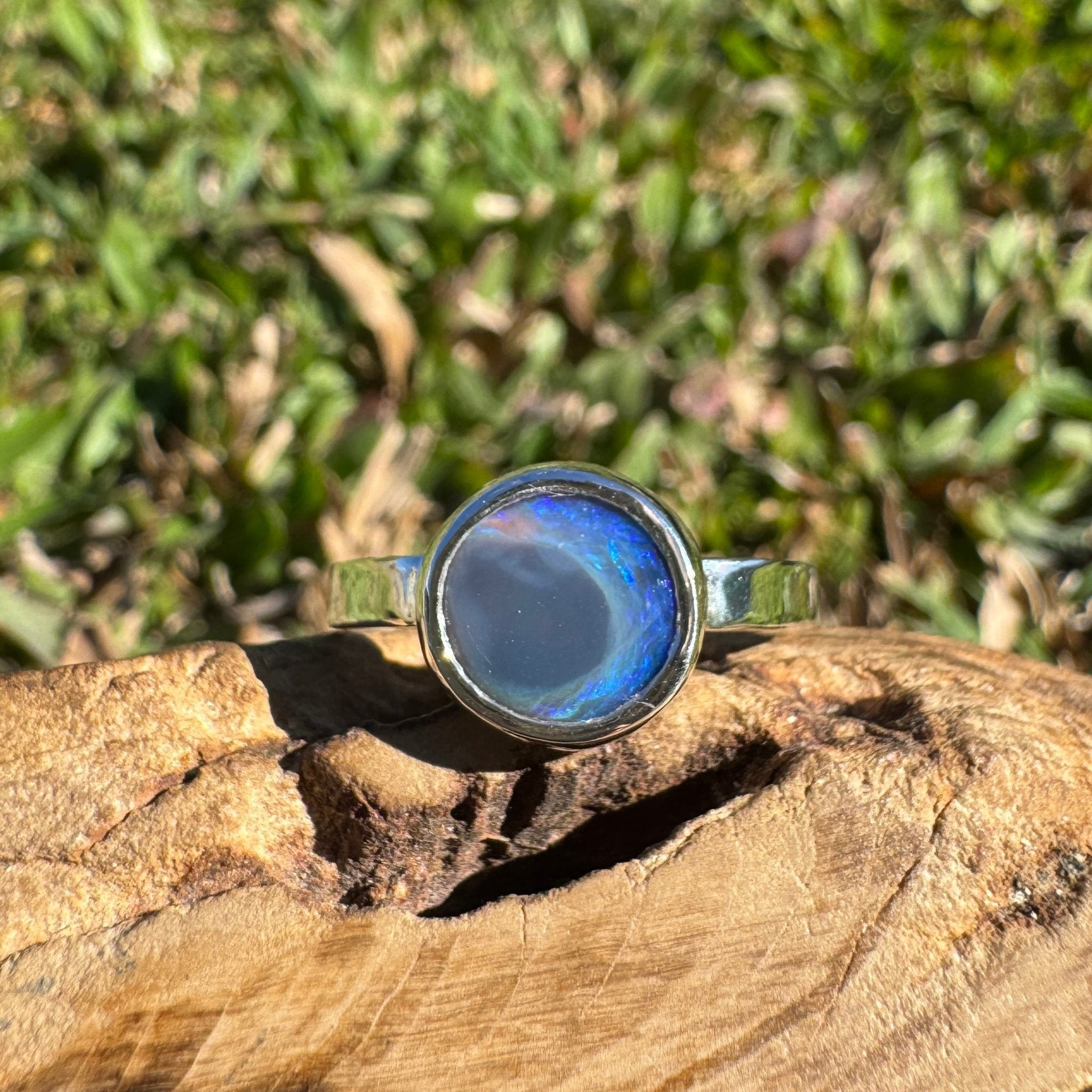 1.4ct Lightning Ridge Semi Black Opal Ring ~ 'Flinders Ranges Round' | 925 Sterling Silver | Solid Australian Opal