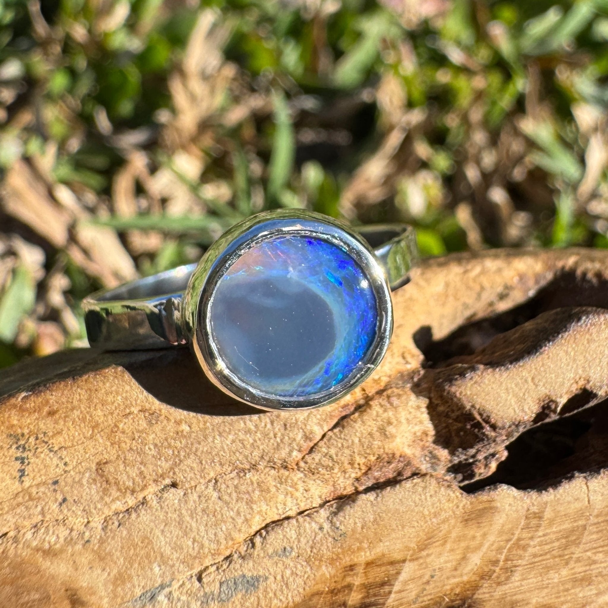 1.4ct Lightning Ridge Semi Black Opal Ring ~ 'Flinders Ranges Round' | 925 Sterling Silver | Solid Australian Opal