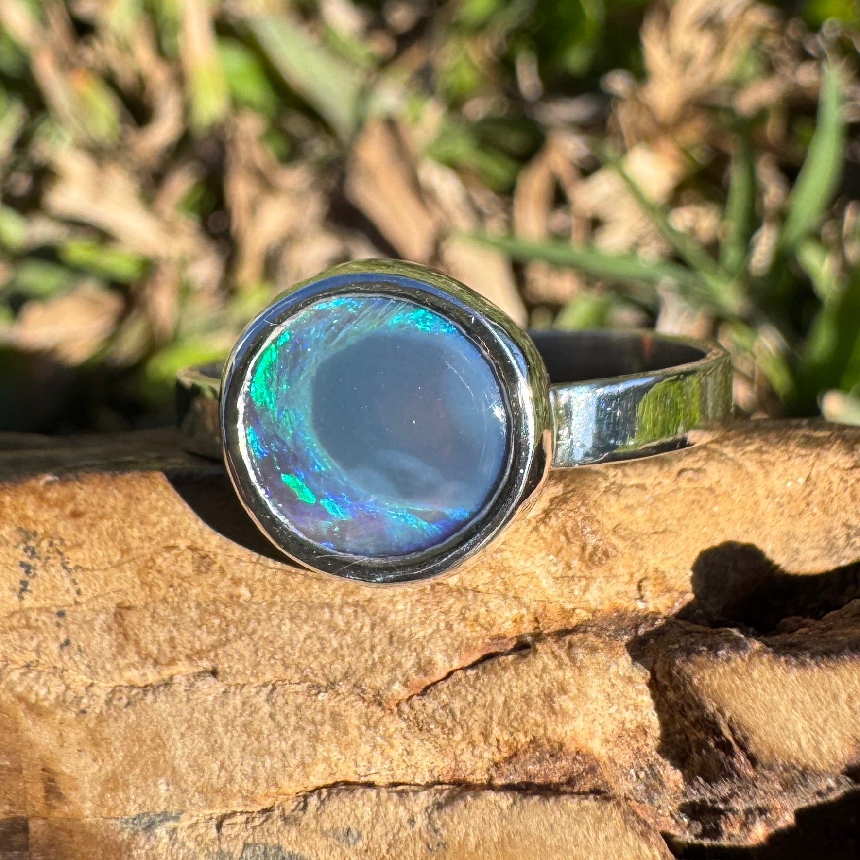 1.4ct Lightning Ridge Semi Black Opal Ring ~ 'Flinders Ranges Round' | 925 Sterling Silver | Solid Australian Opal