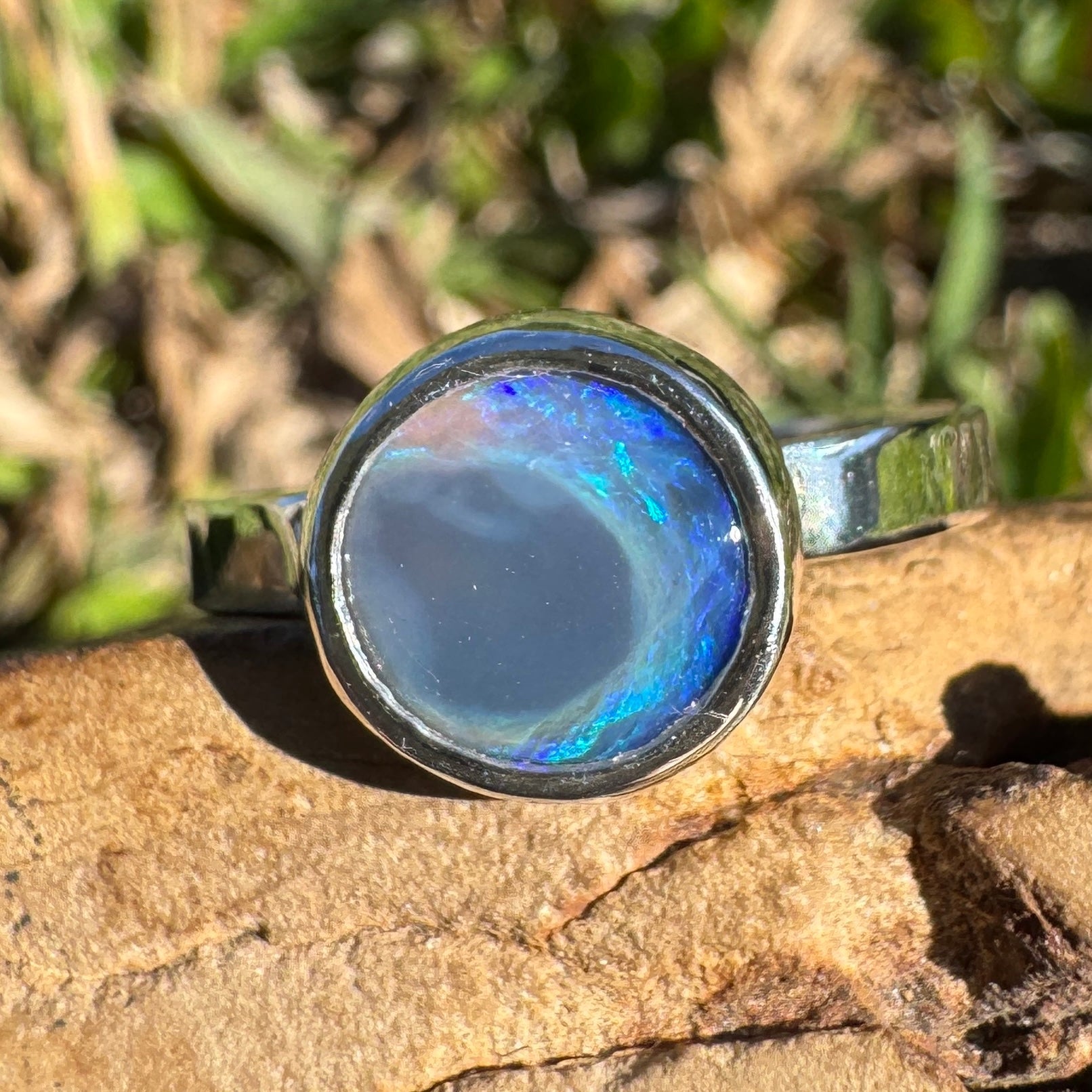 1.4ct Lightning Ridge Semi Black Opal Ring ~ 'Flinders Ranges Round' | 925 Sterling Silver | Solid Australian Opal