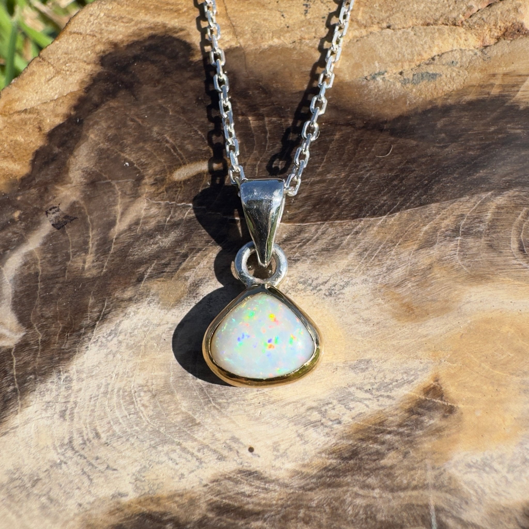1.4ct Lightning Ridge White Opal Pendant Necklace ~ 'Runaway Bay Beauty' | Two - Tone 9ct Gold & 925 Sterling Silver | Solid Australian Opal