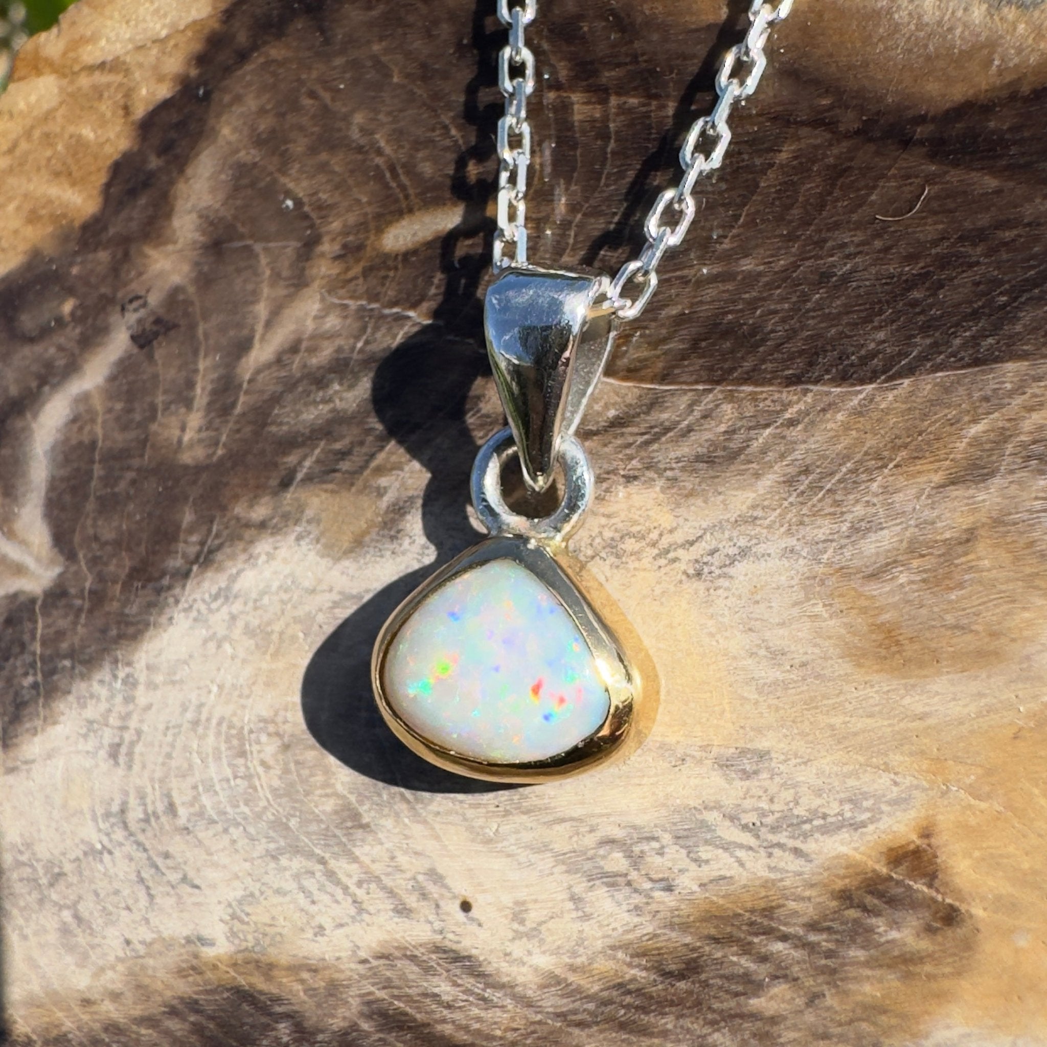 1.4ct Lightning Ridge White Opal Pendant Necklace ~ 'Runaway Bay Beauty' | Two - Tone 9ct Gold & 925 Sterling Silver | Solid Australian Opal