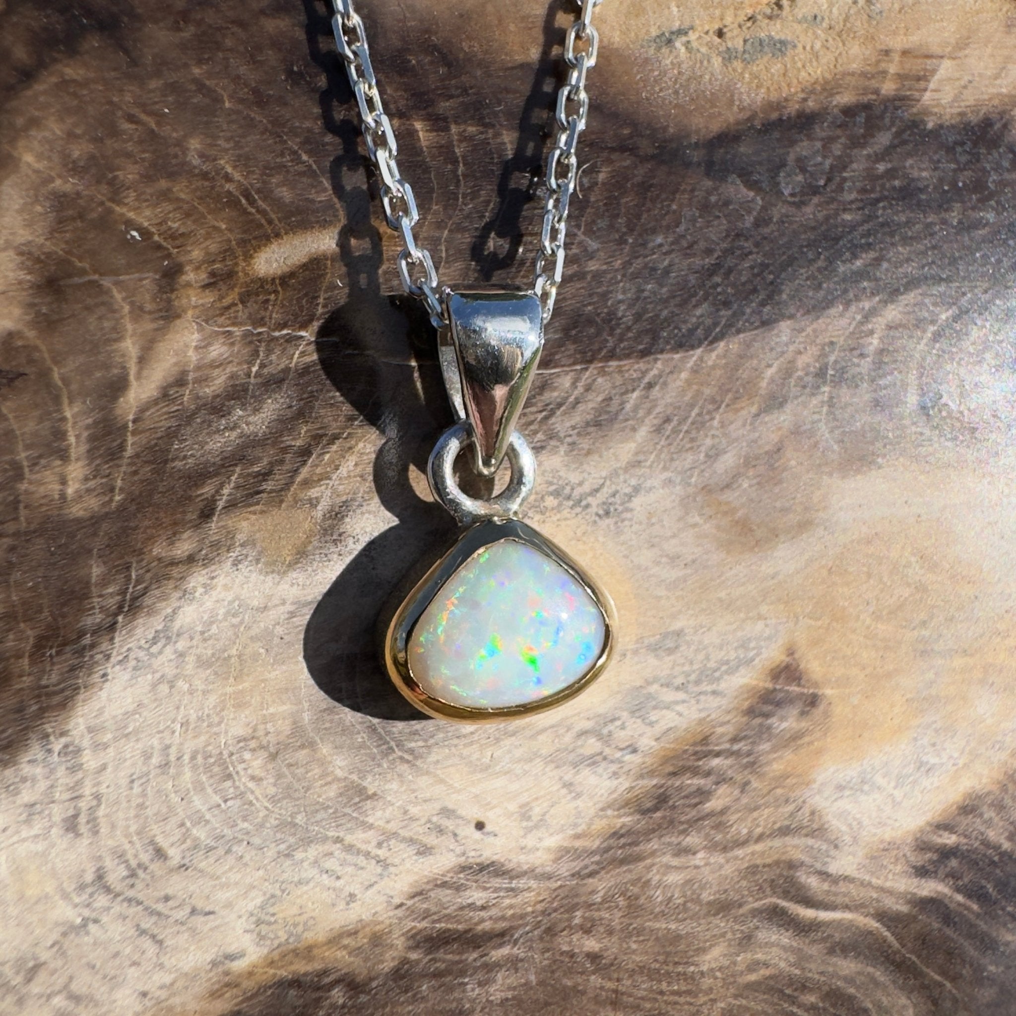 1.4ct Lightning Ridge White Opal Pendant Necklace ~ 'Runaway Bay Beauty' | Two - Tone 9ct Gold & 925 Sterling Silver | Solid Australian Opal