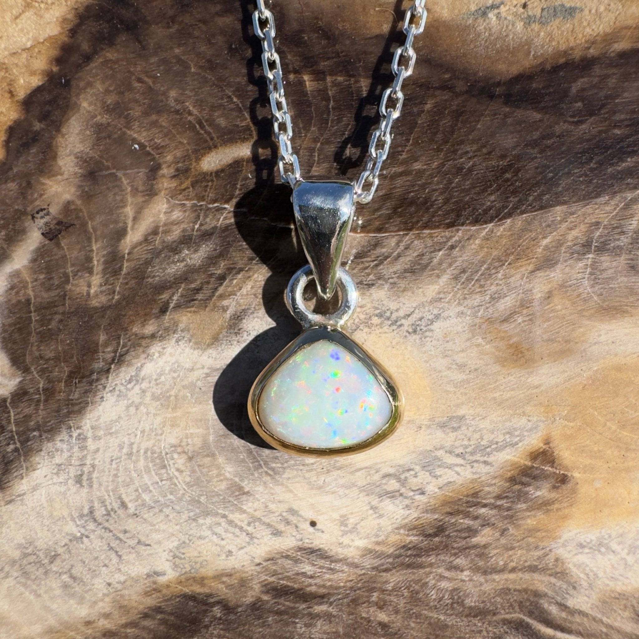 1.4ct Lightning Ridge White Opal Pendant Necklace ~ 'Runaway Bay Beauty' | Two - Tone 9ct Gold & 925 Sterling Silver | Solid Australian Opal