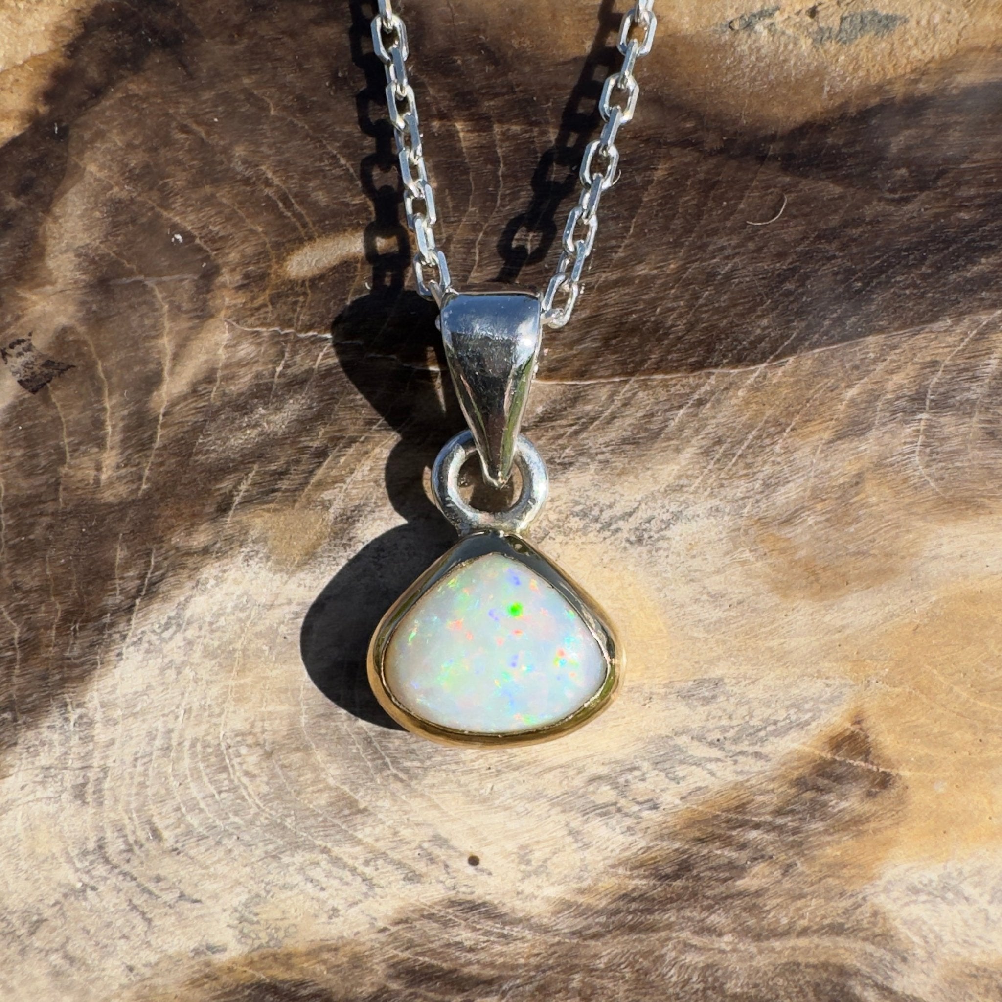 1.4ct Lightning Ridge White Opal Pendant Necklace ~ 'Runaway Bay Beauty' | Two - Tone 9ct Gold & 925 Sterling Silver | Solid Australian Opal