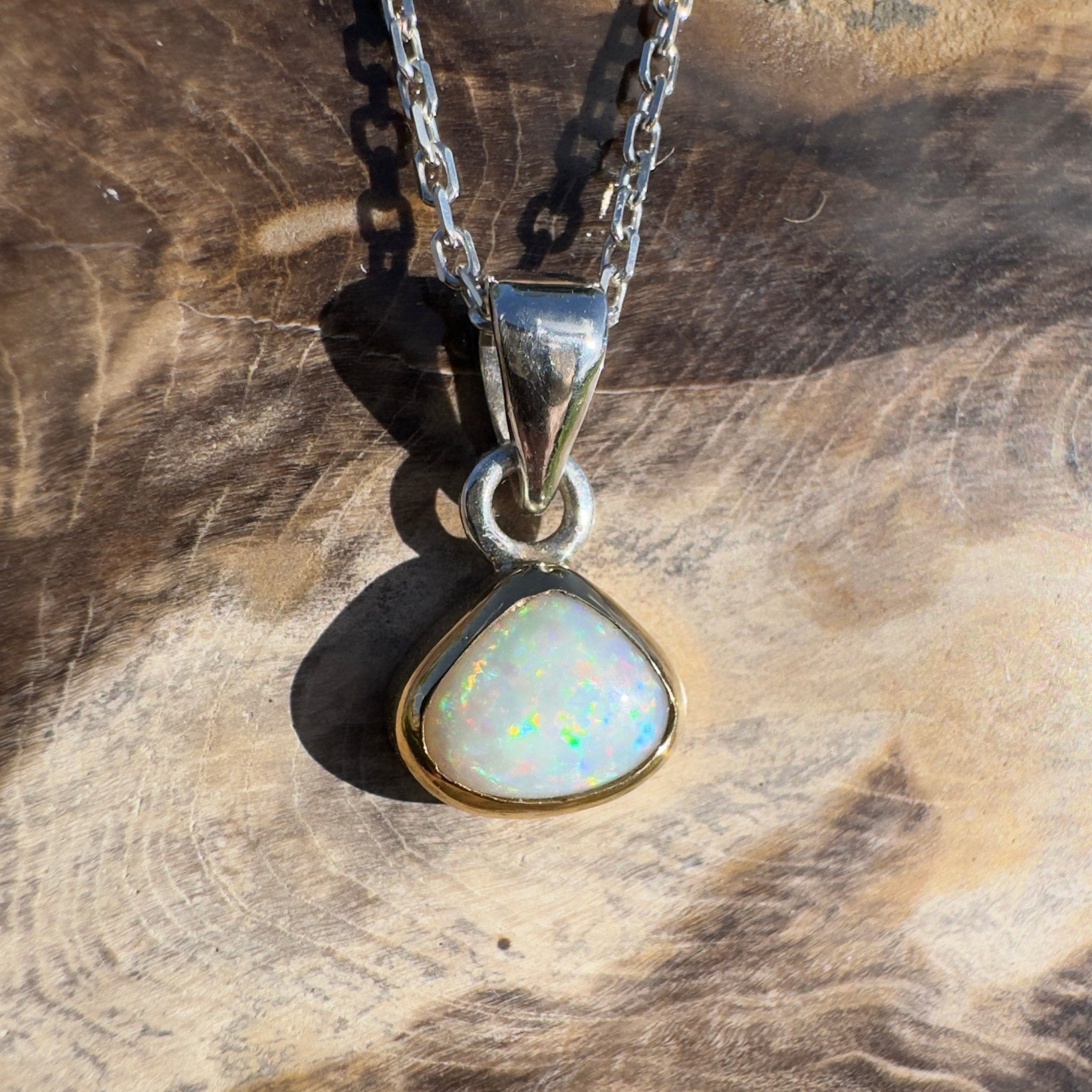 1.4ct Lightning Ridge White Opal Pendant Necklace ~ 'Runaway Bay Beauty' | Two - Tone 9ct Gold & 925 Sterling Silver | Solid Australian Opal