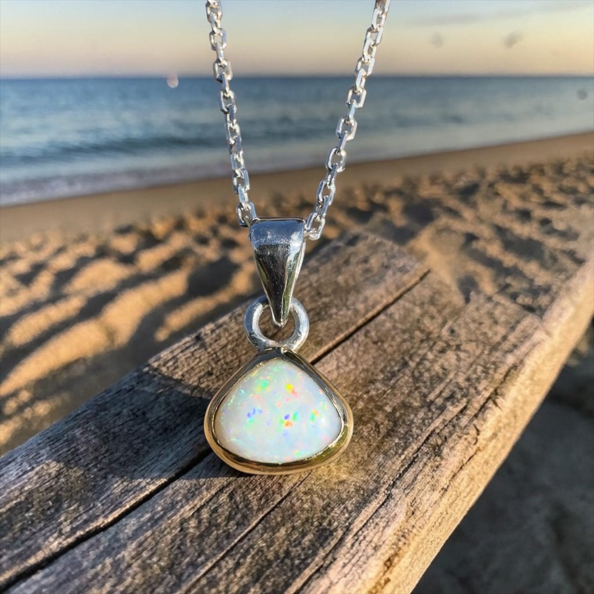 1.4ct Lightning Ridge White Opal Pendant Necklace ~ 'Runaway Bay Beauty' | Two - Tone 9ct Gold & 925 Sterling Silver | Solid Australian Opal