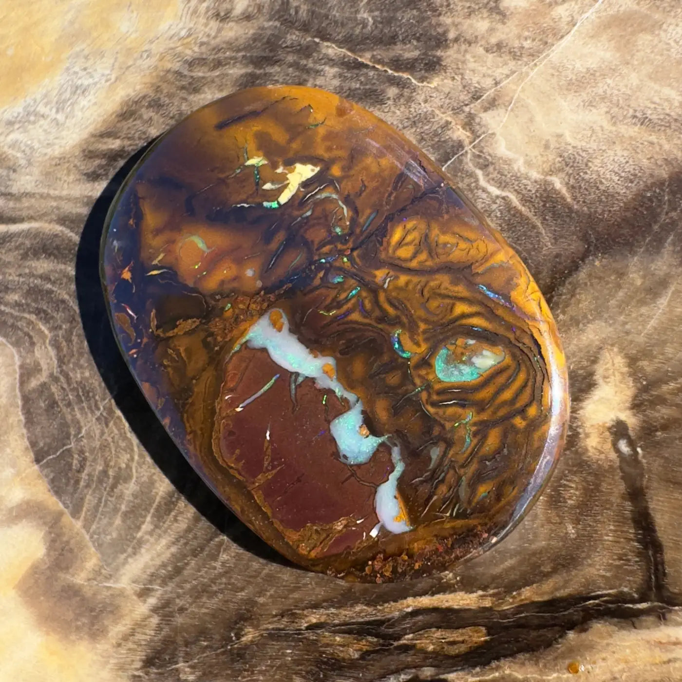 Polished Boulder Opal with brown and blue patterns in a 15.9ct hand-cut solid gemstone