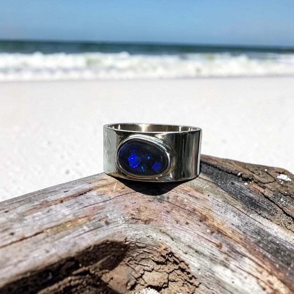 1.6ct Lightning Ridge Black Opal Ring ~ 'Blue Mountains Dusk' | 925 Sterling Silver | Solid Australian Opal